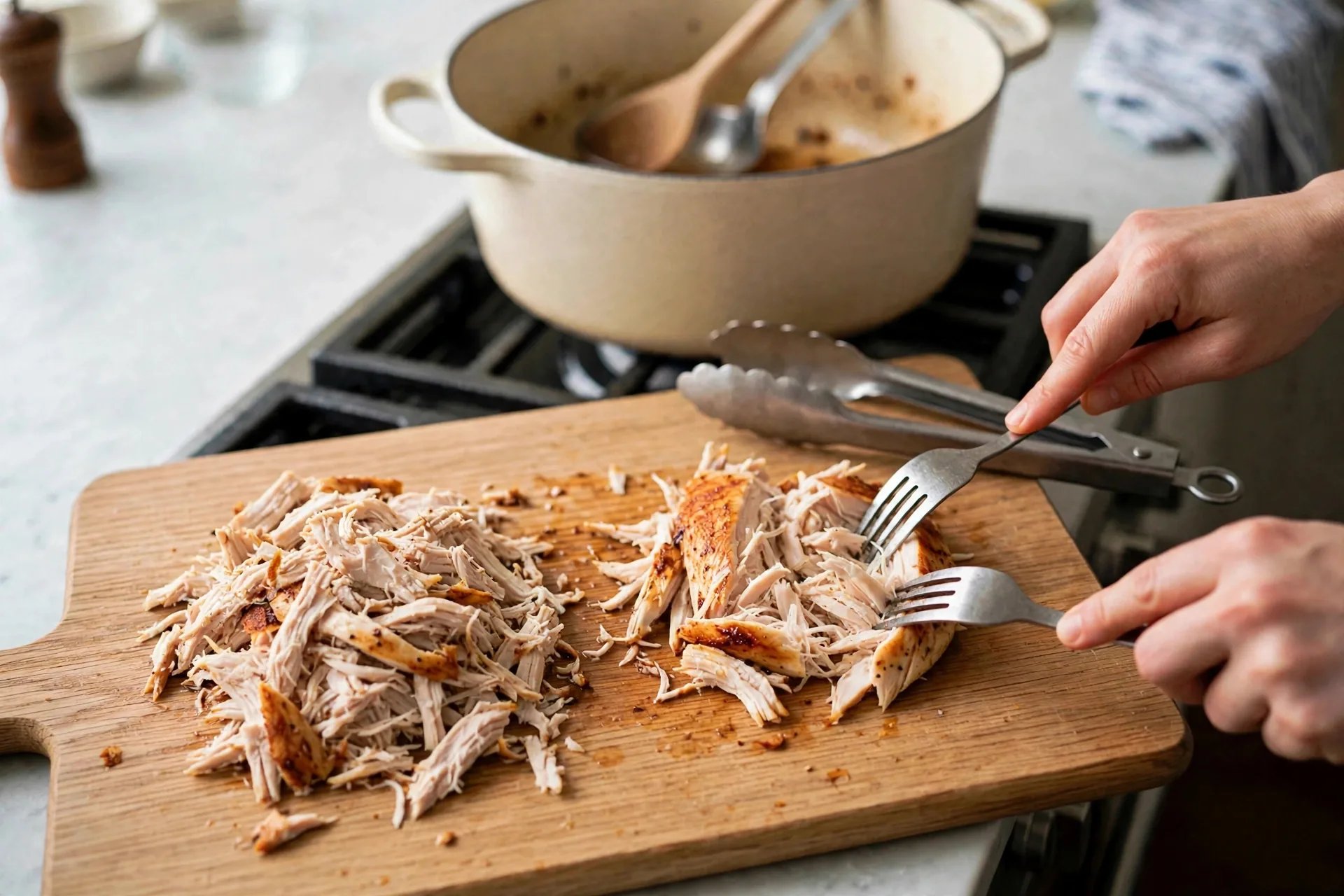 Shredding cooked chicken with two forks