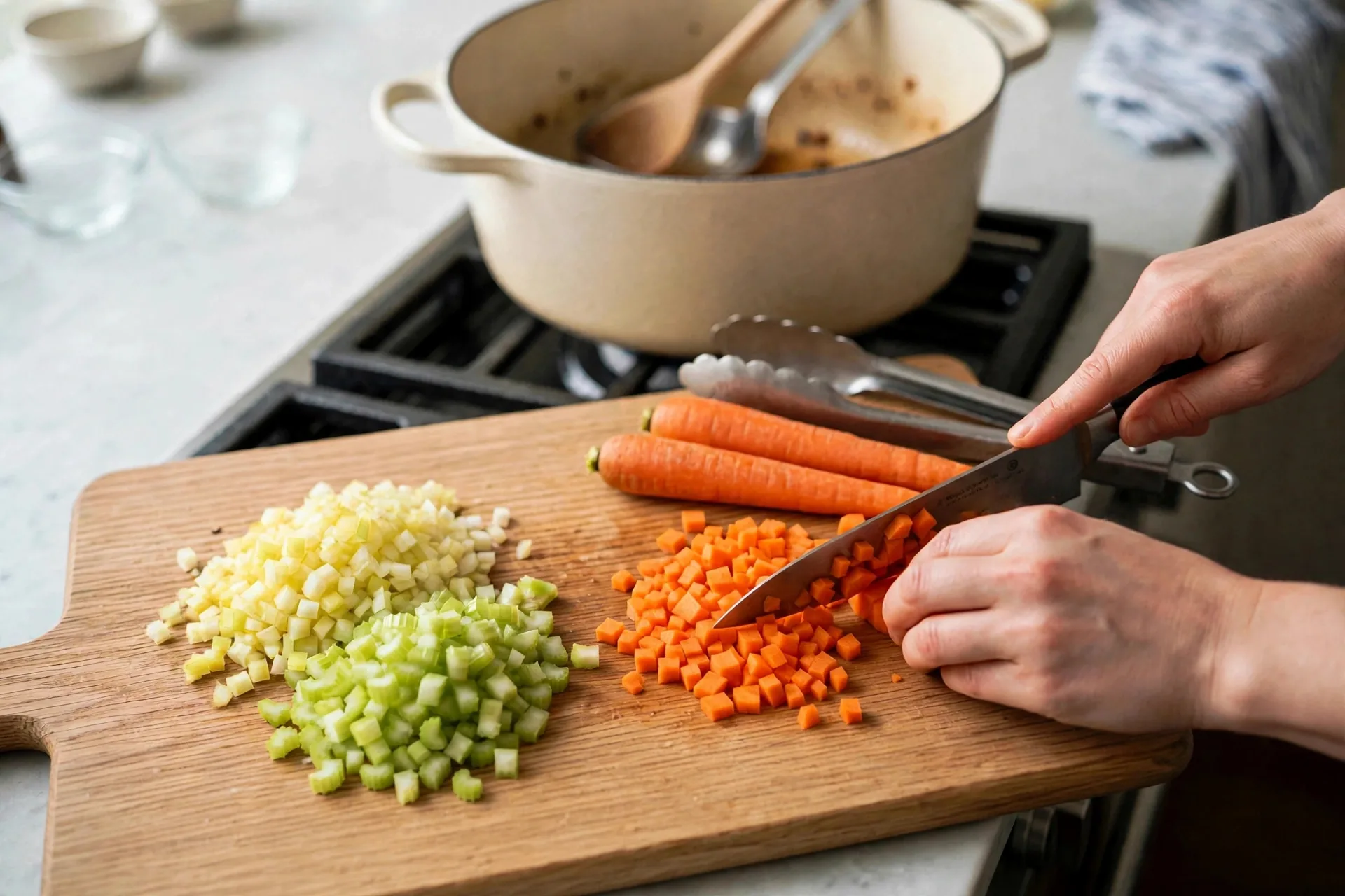 Dicing carrots, onion and celery on a cutting board