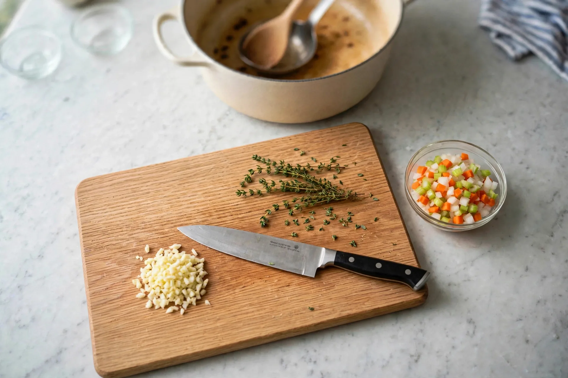 Minced garlic and thyme leaves on a cutting board