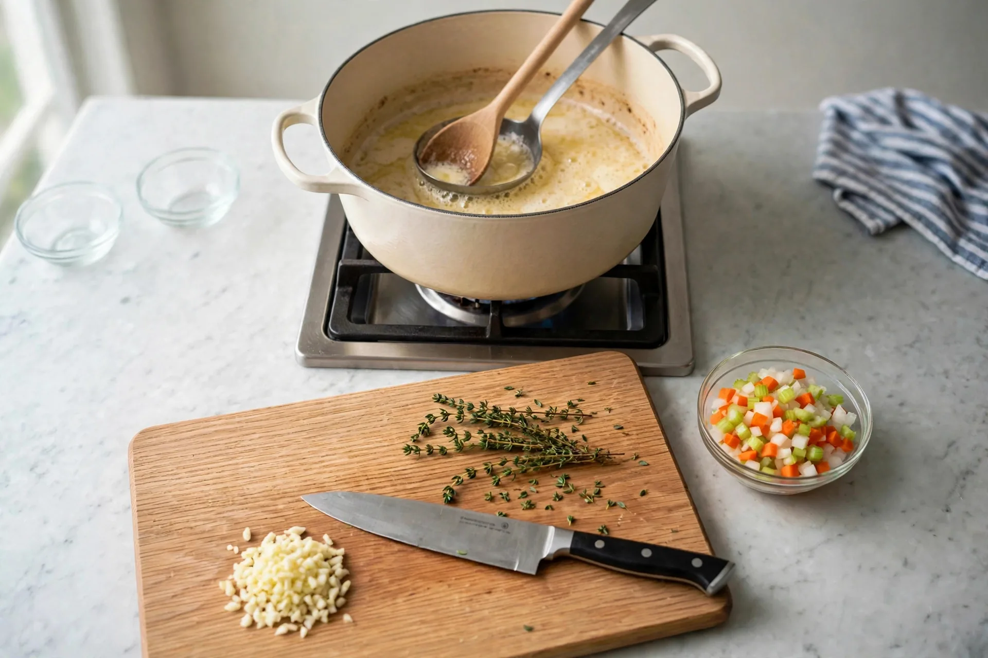 Butter melting in a Dutch oven with browned bits