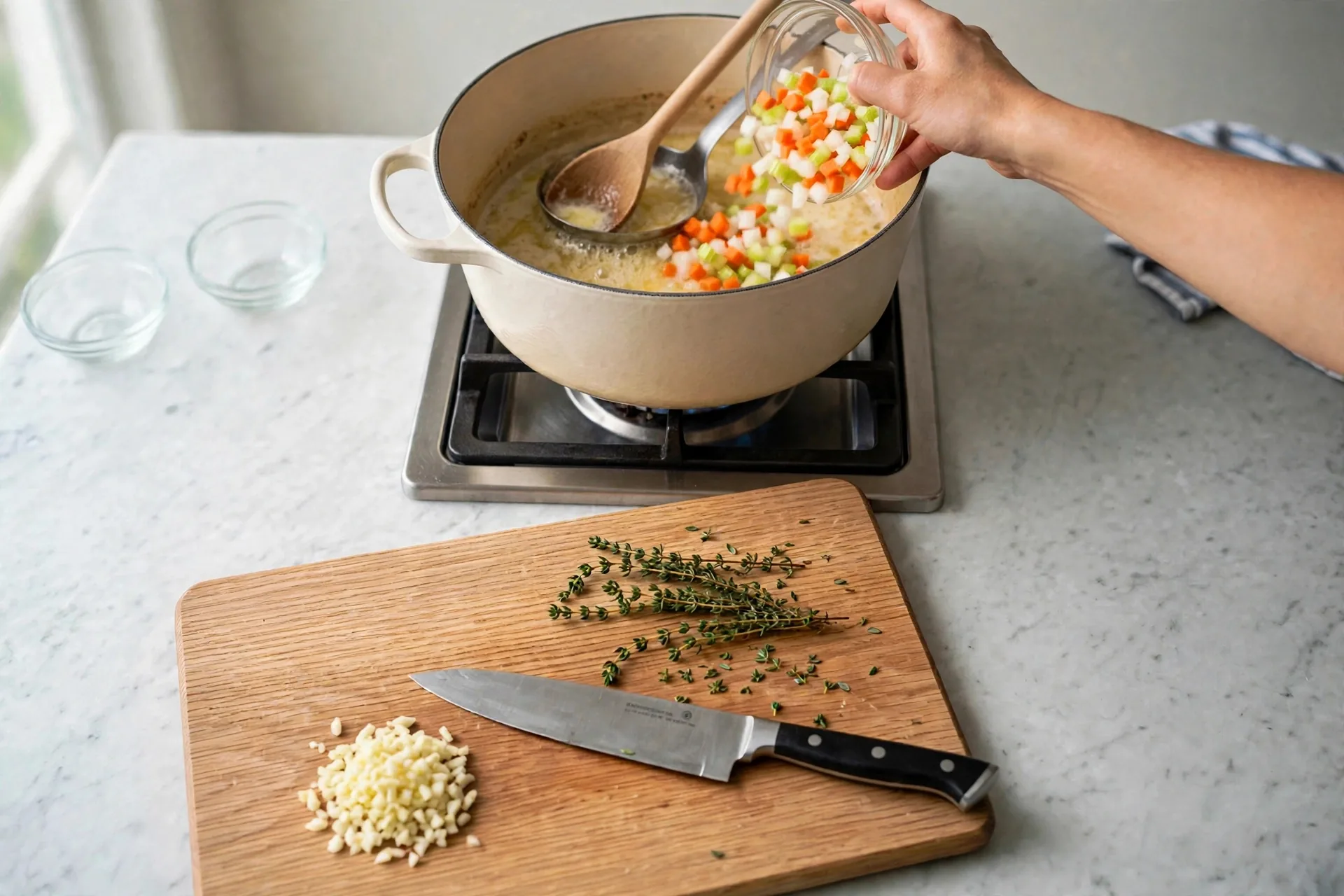 Adding diced vegetables to melted butter in a pot