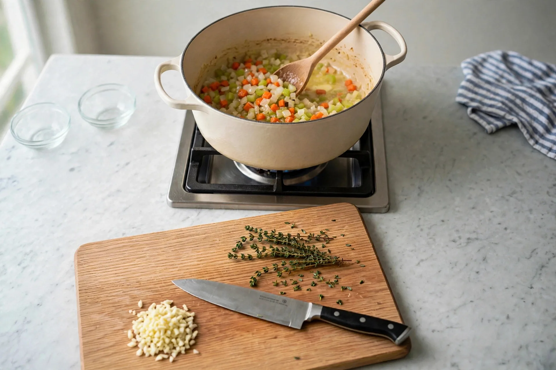Softened onion, carrot and celery sautéing in a pot