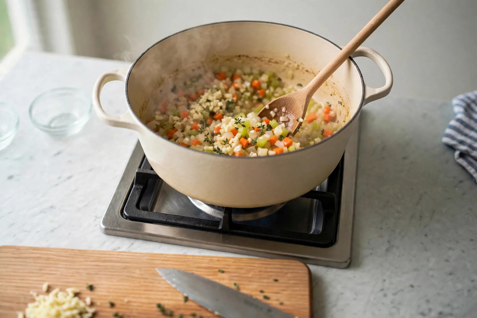 Adding minced garlic and thyme to sautéed vegetables