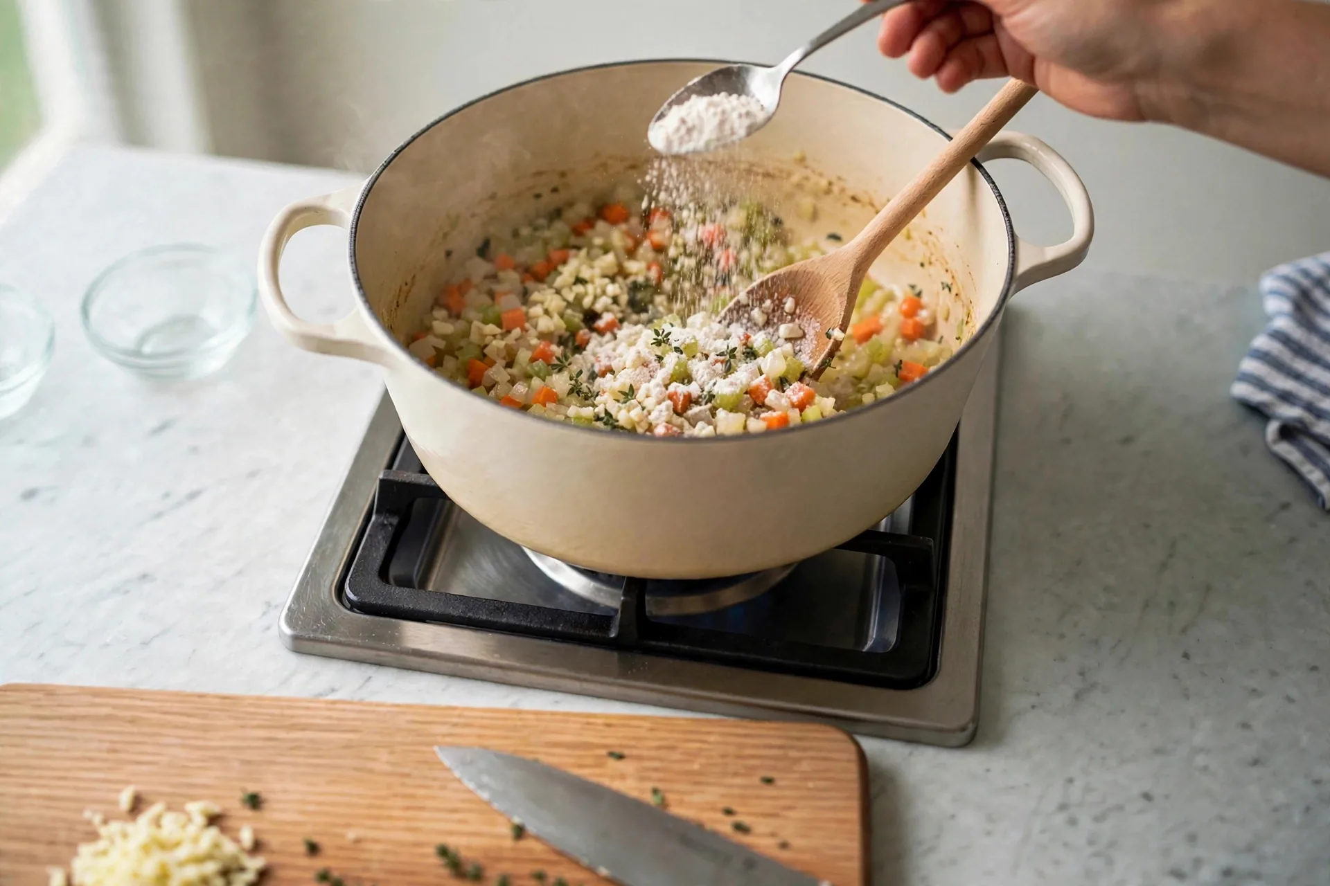Sprinkling flour over sautéed vegetables