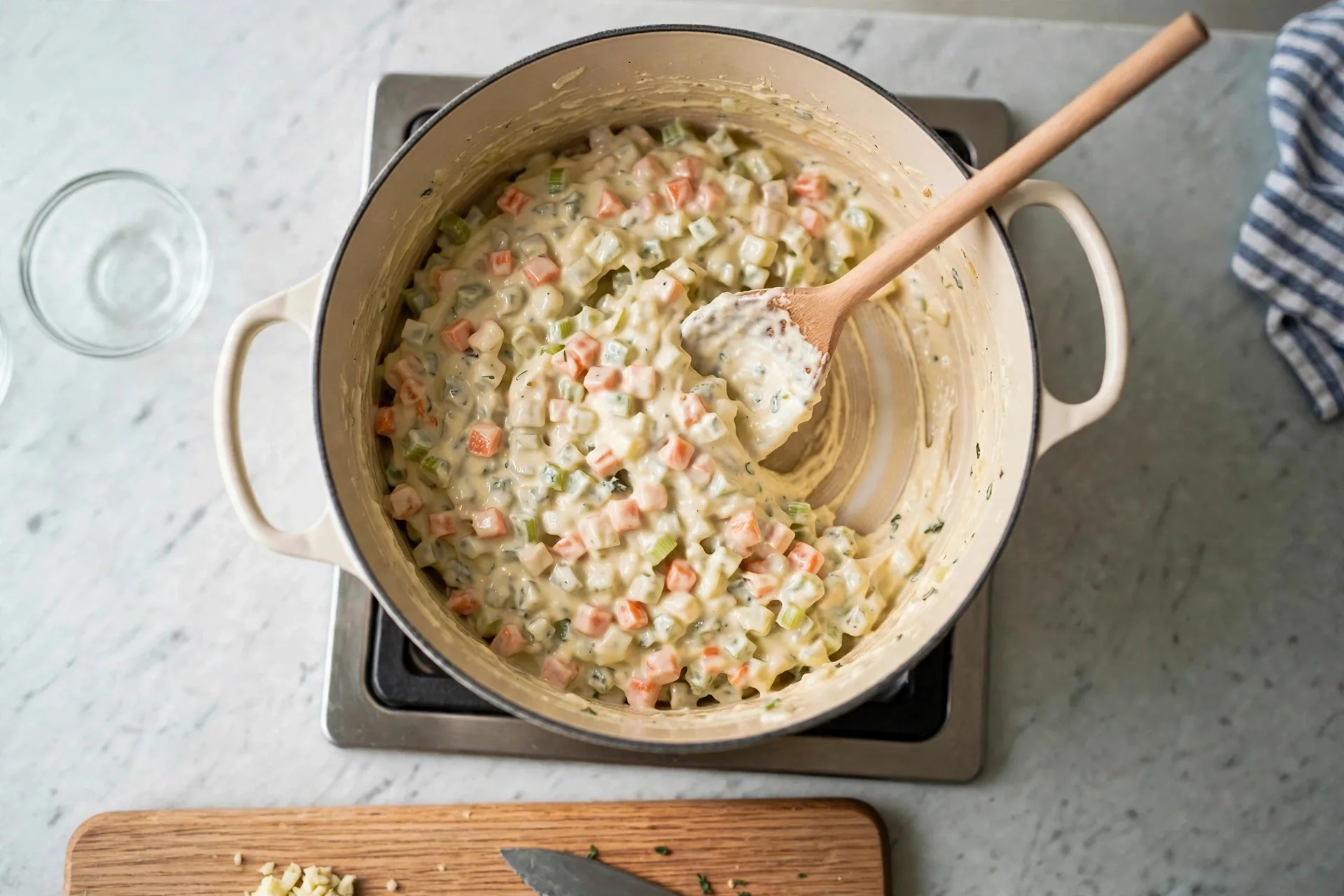 Flour stirred into vegetables forming a roux paste