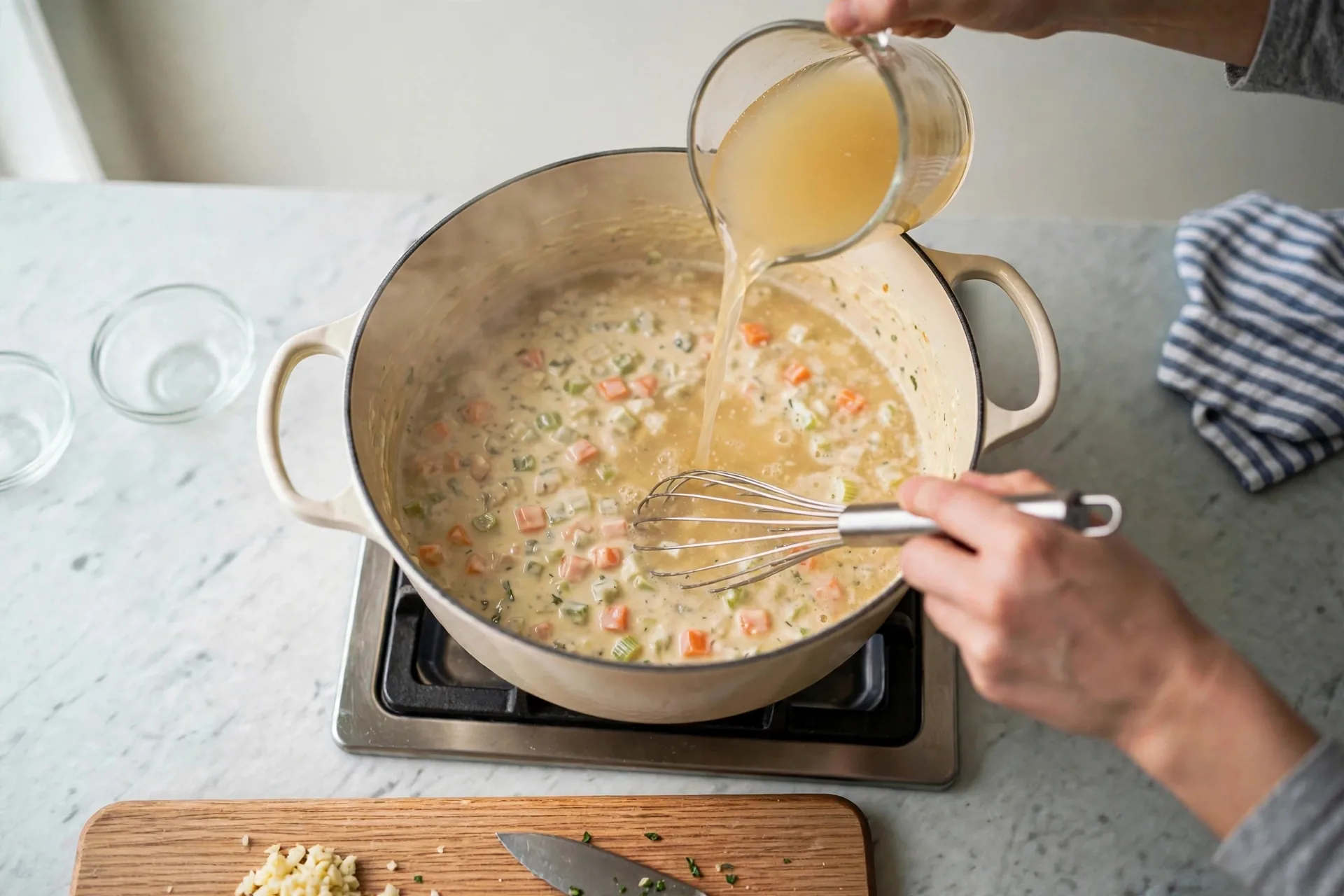 Pouring chicken broth into the pot while whisking