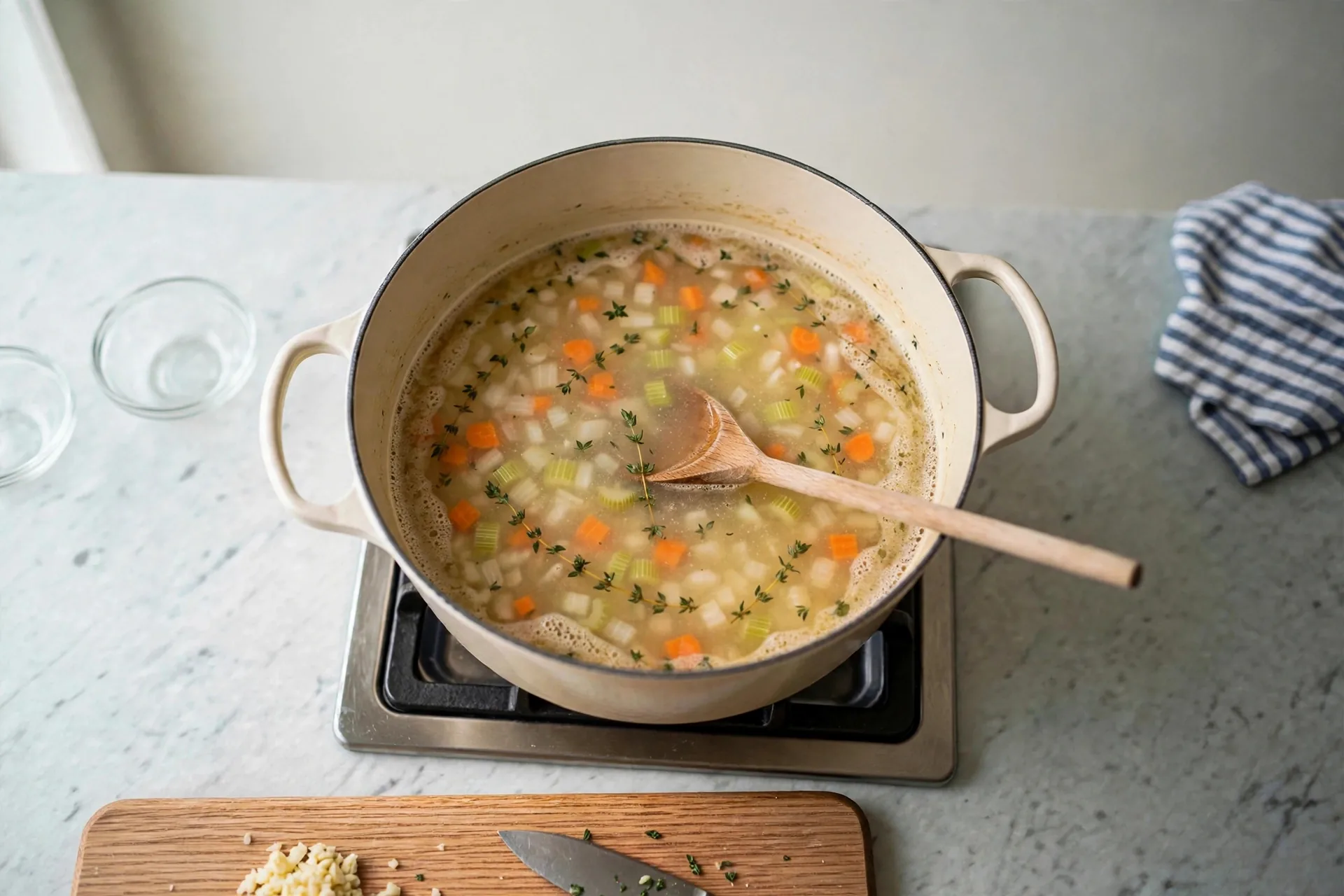 Broth simmering and thickening in a Dutch oven