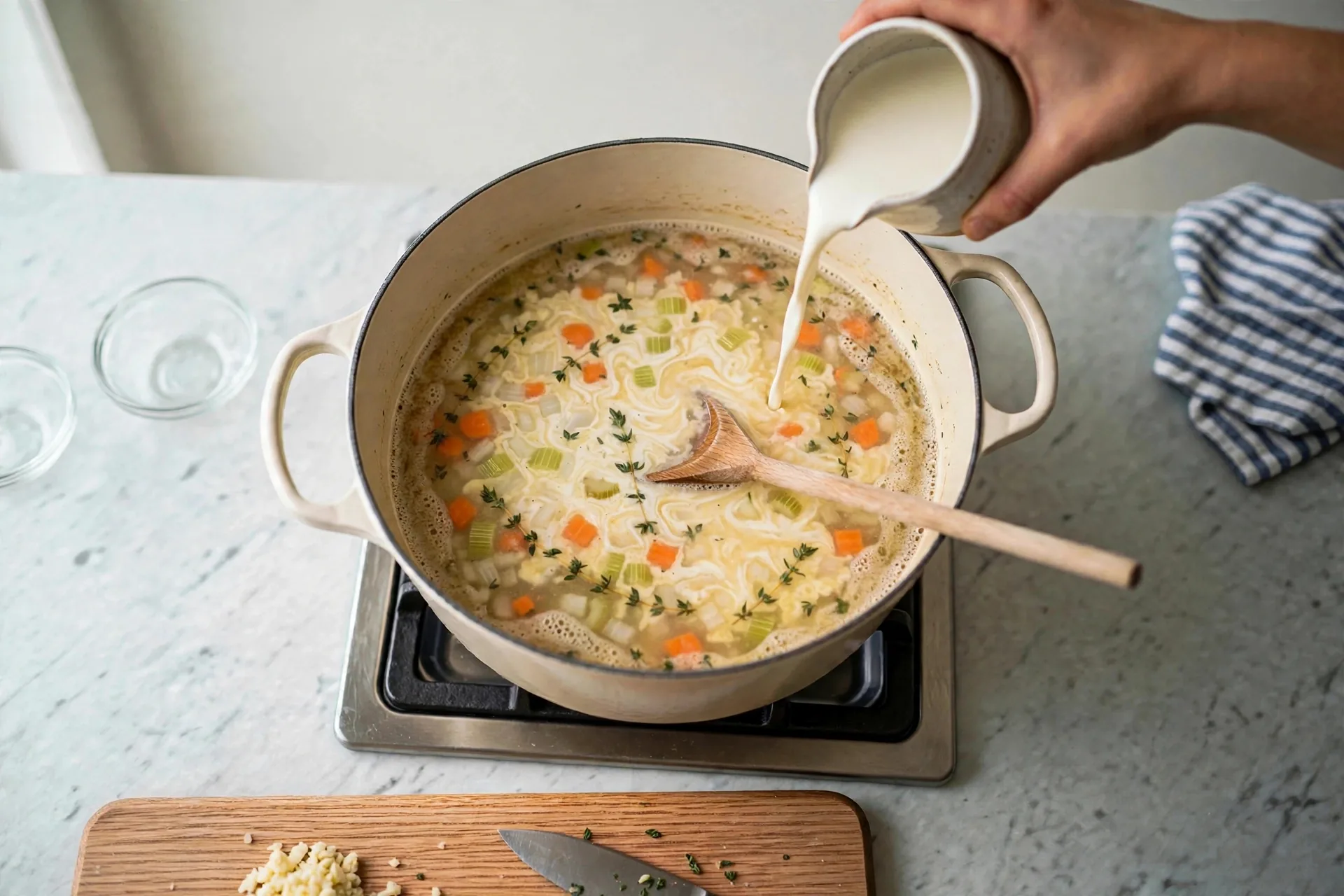 Pouring heavy cream into simmering broth