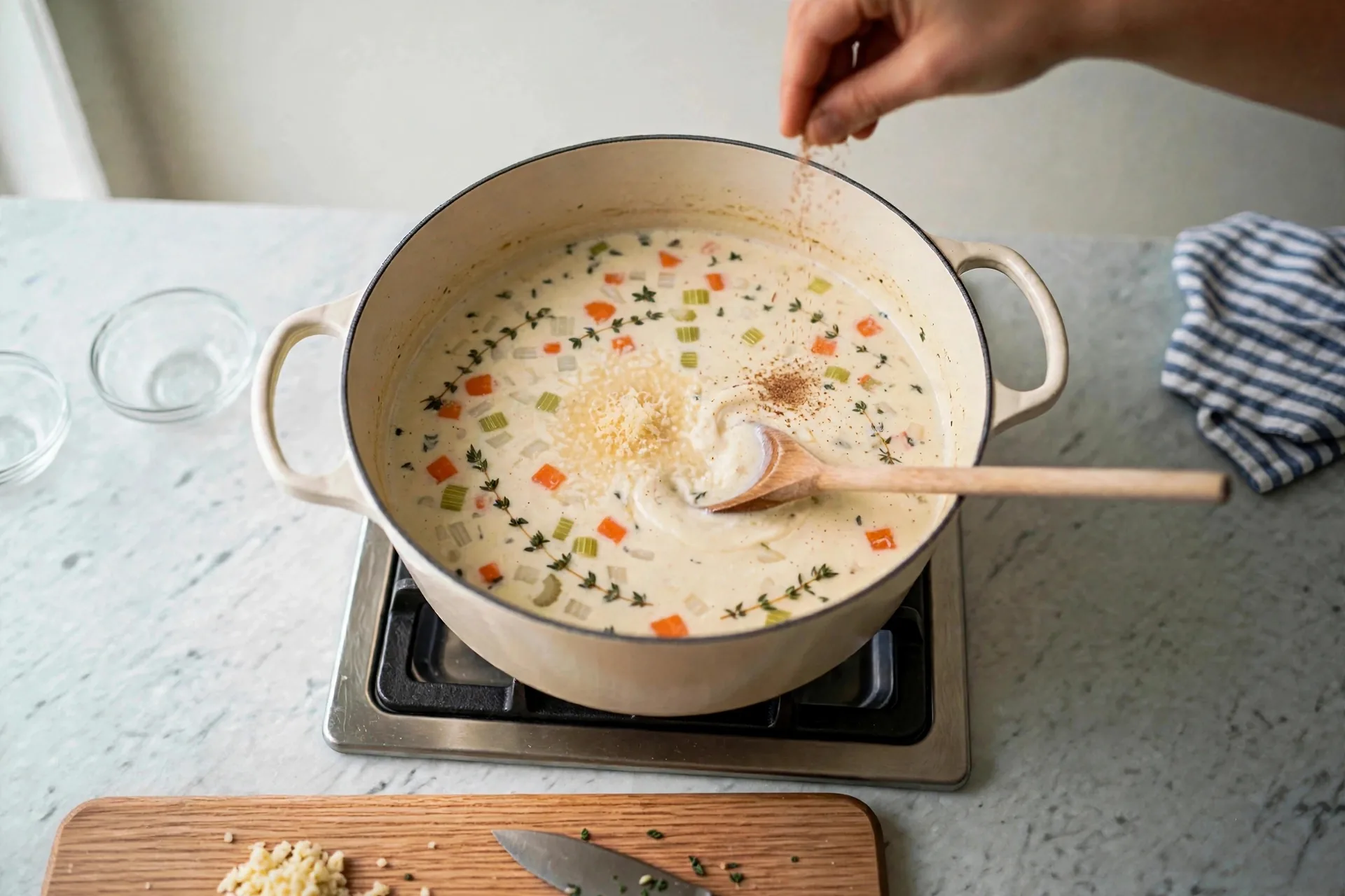 Adding Parmesan and nutmeg to creamy soup
