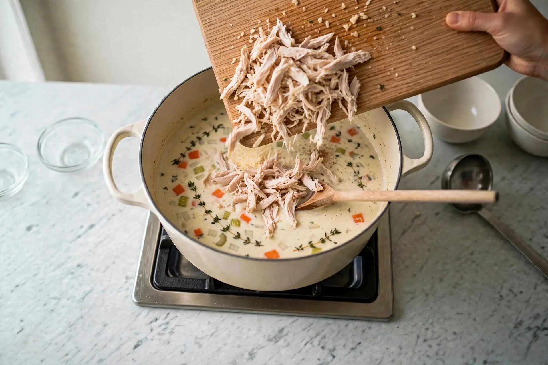 Adding shredded chicken to creamy soup