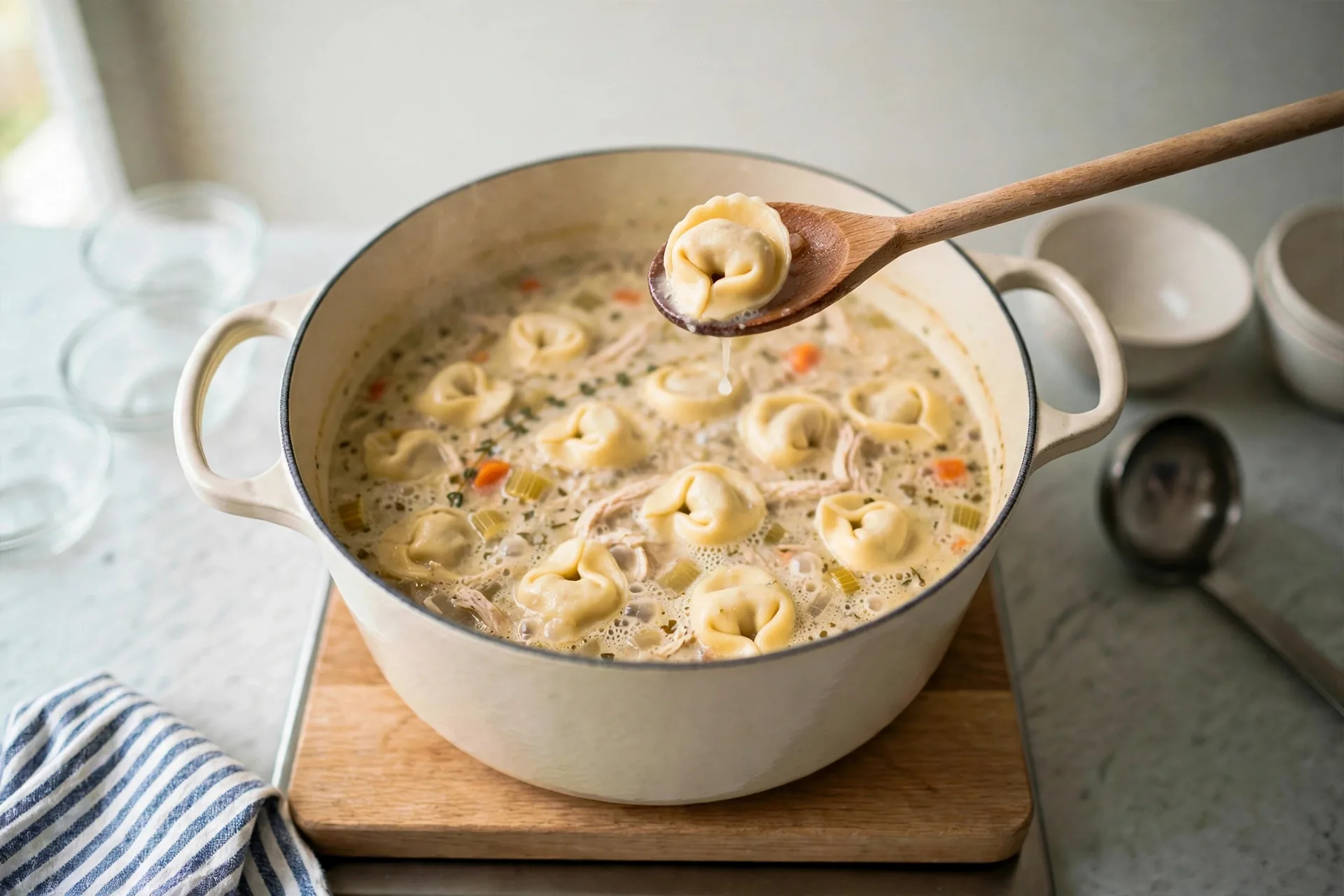 Plump cooked tortellini floating in creamy soup