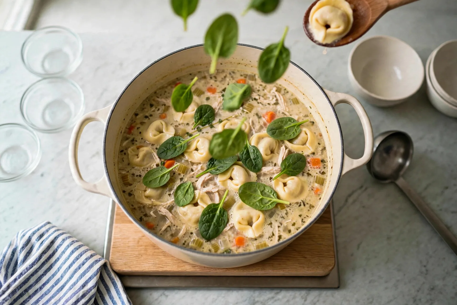 Adding fresh baby spinach to soup
