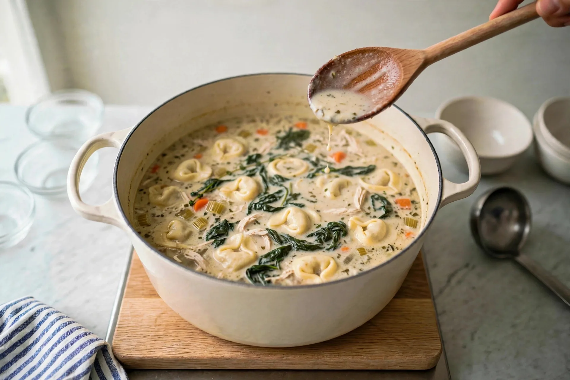 Wilted spinach stirred through creamy soup