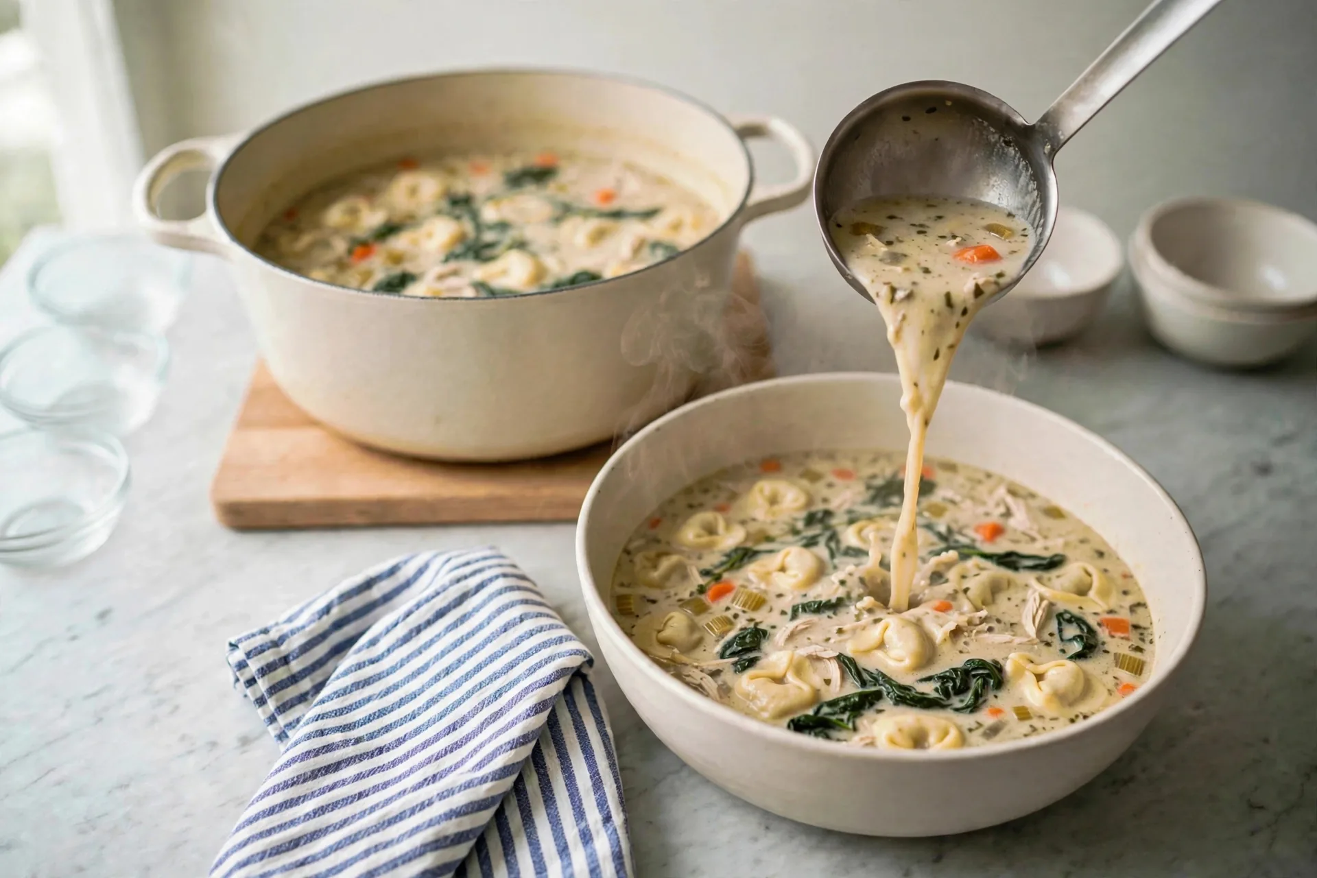 Ladling creamy chicken tortellini soup into a bowl