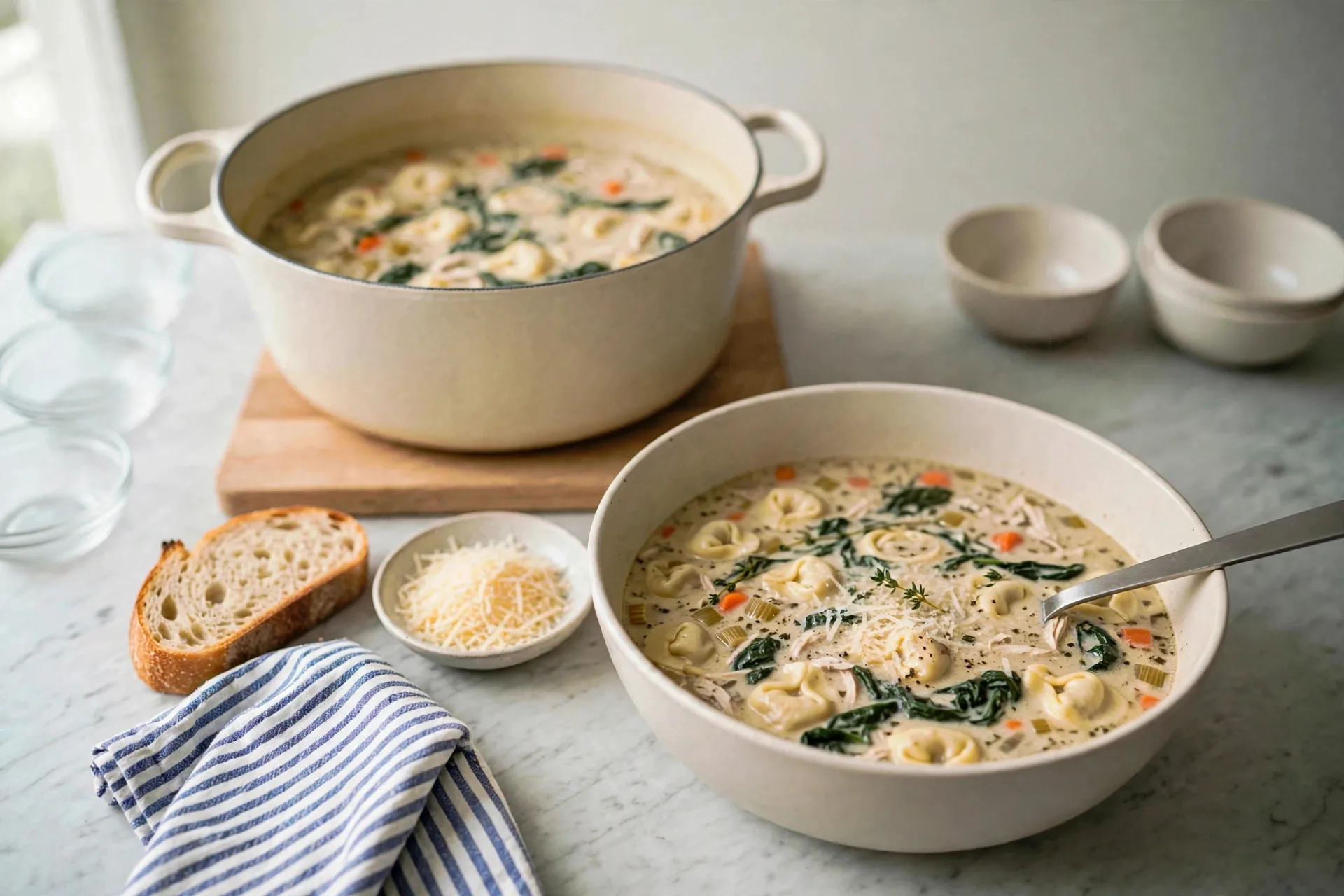 Bowl of chicken tortellini soup garnished with Parmesan and thyme