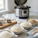 Four bowls of cooked rice - white, basmati, jasmine and brown - with an Instant Pot behind them.