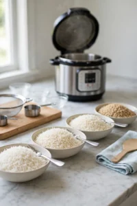 Four bowls of cooked rice - white, basmati, jasmine and brown - with an Instant Pot behind them.