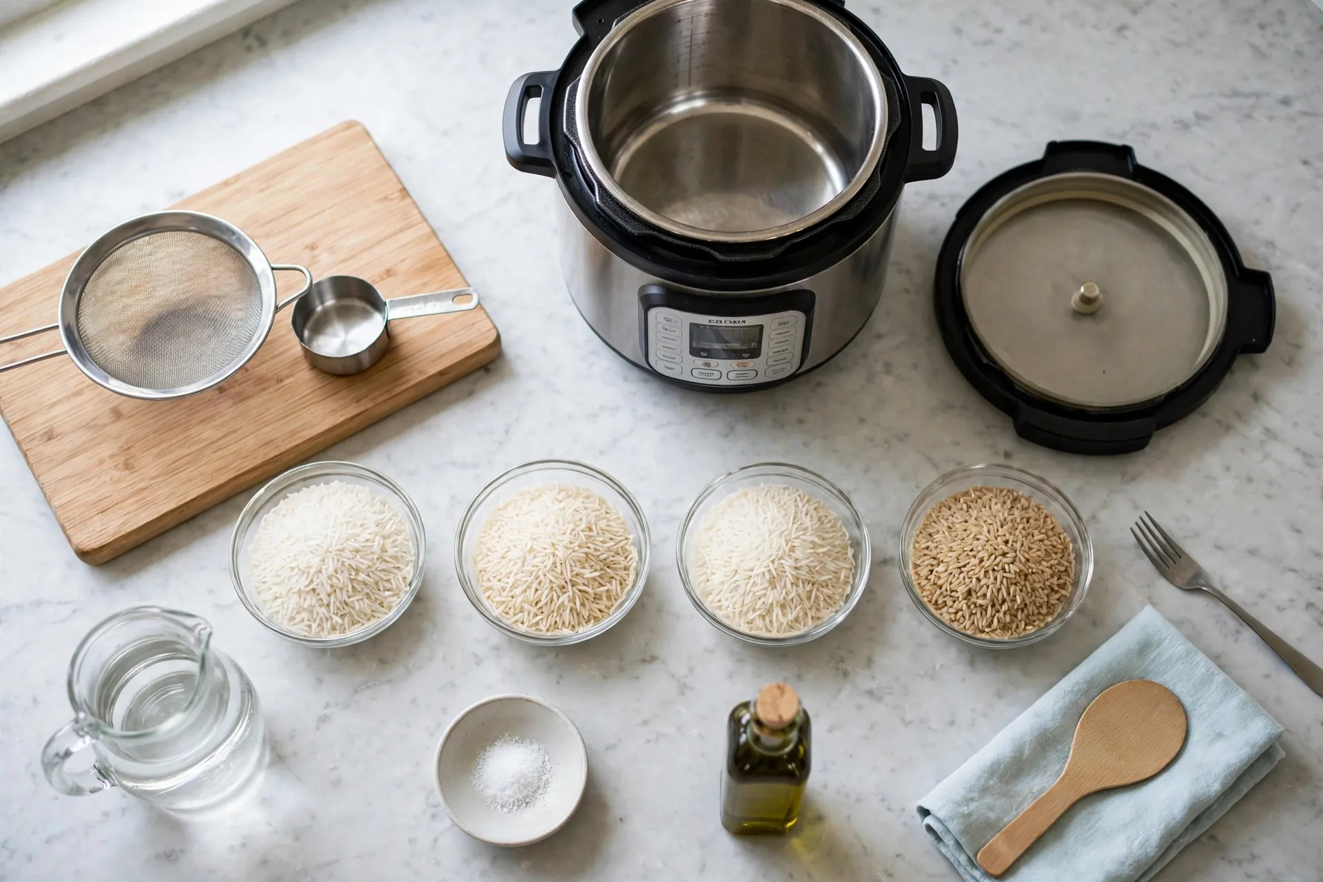 Four dry rices, pressure cooker and tools on a marble counter