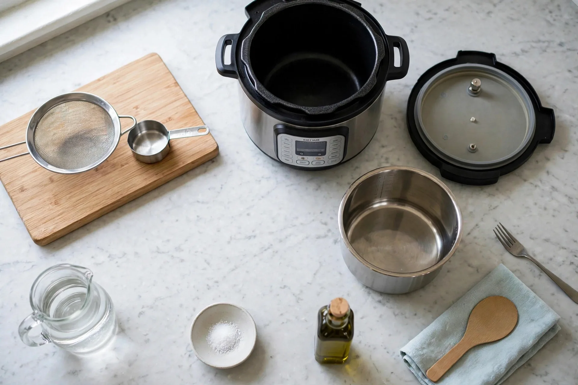 Instant Pot parts laid out - lid with sealing ring, valves and inner pot