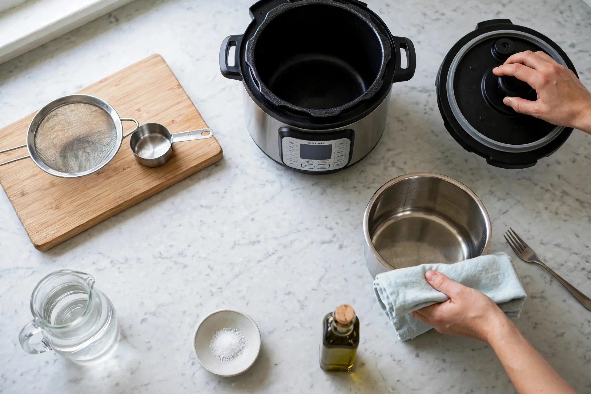 Hand pressing sealing ring into lid while drying inner pot