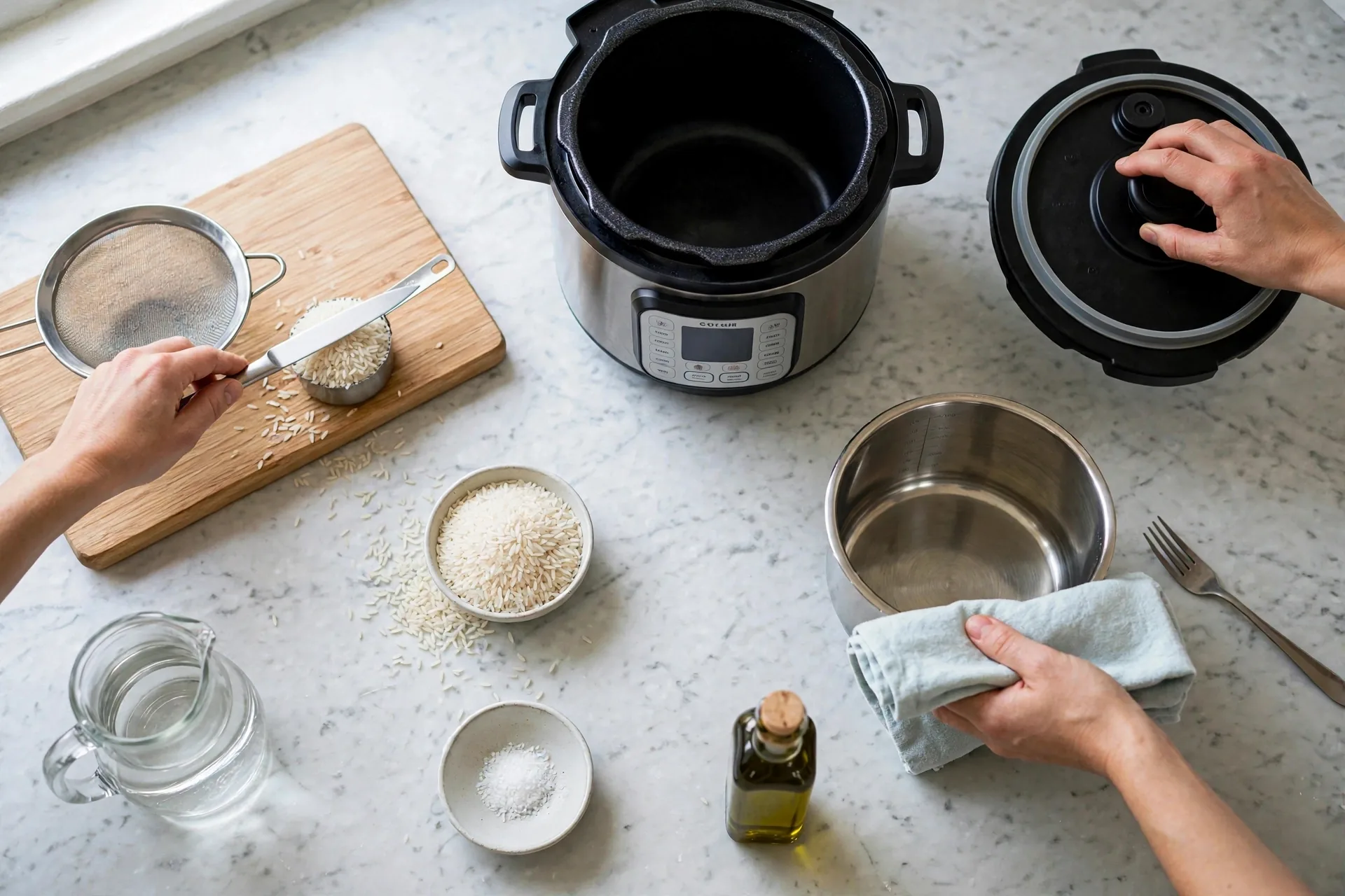 Measuring cup leveled with rice using a knife