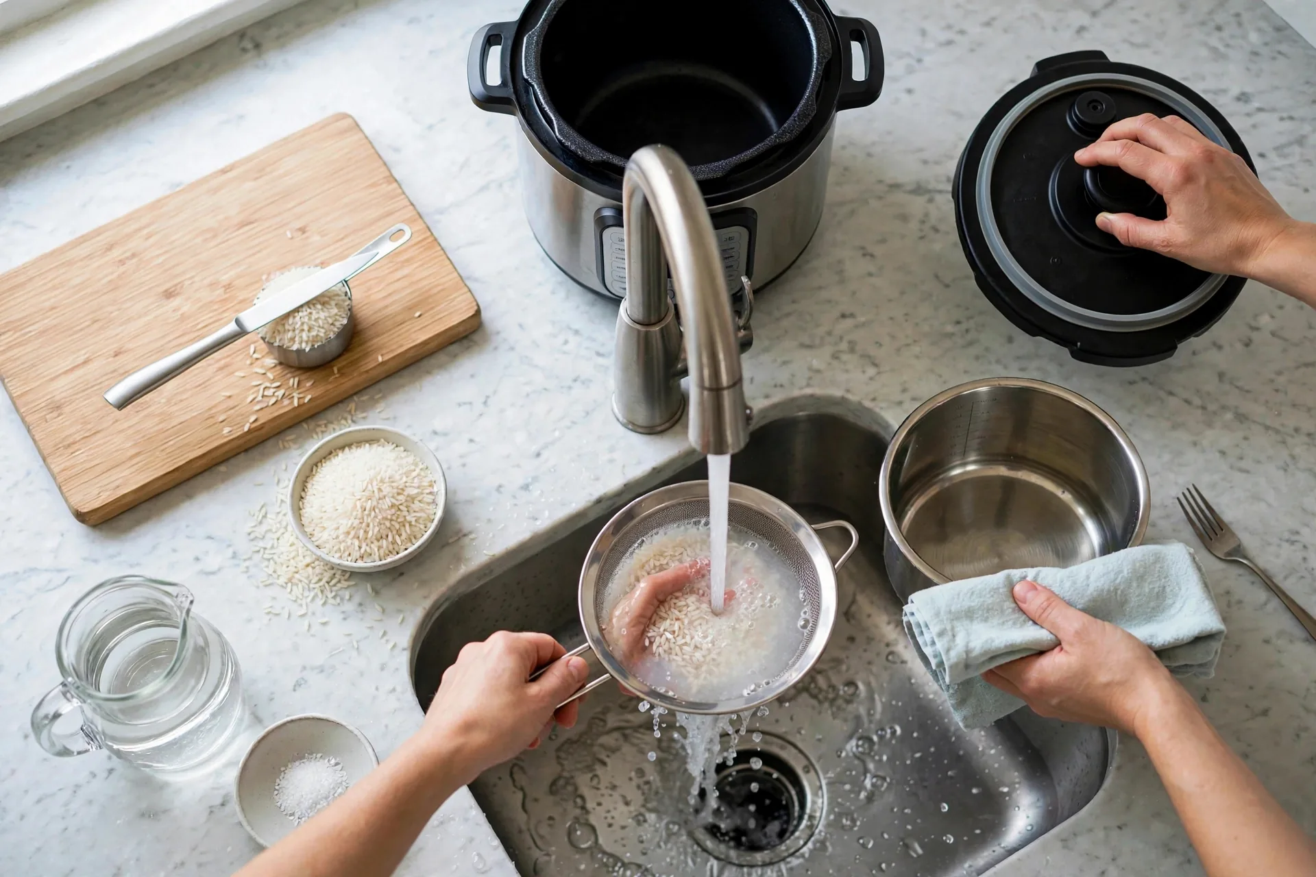 Rice rinsing in sieve under running water with milky water