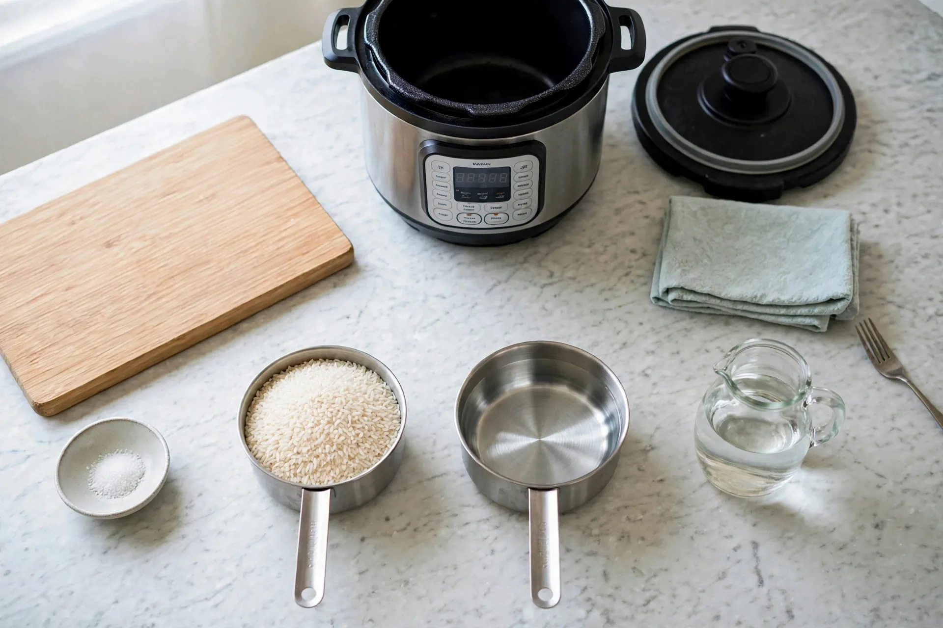 Two measuring cups side by side showing 1 to 1 rice and water ratio