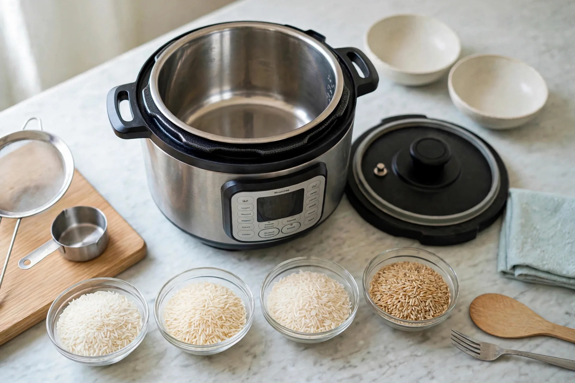 Four glass bowls of dry rice - white, basmati, jasmine and brown