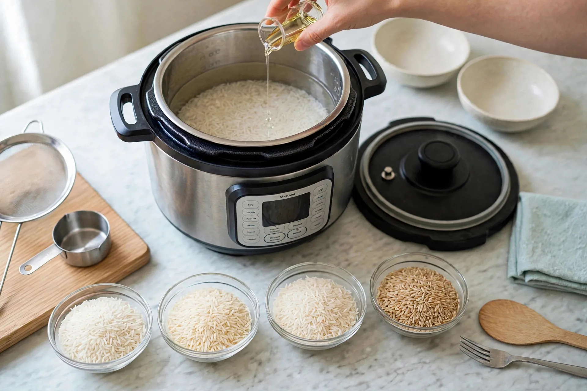 Rinsed white rice with water salt and oil in Instant Pot inner pot