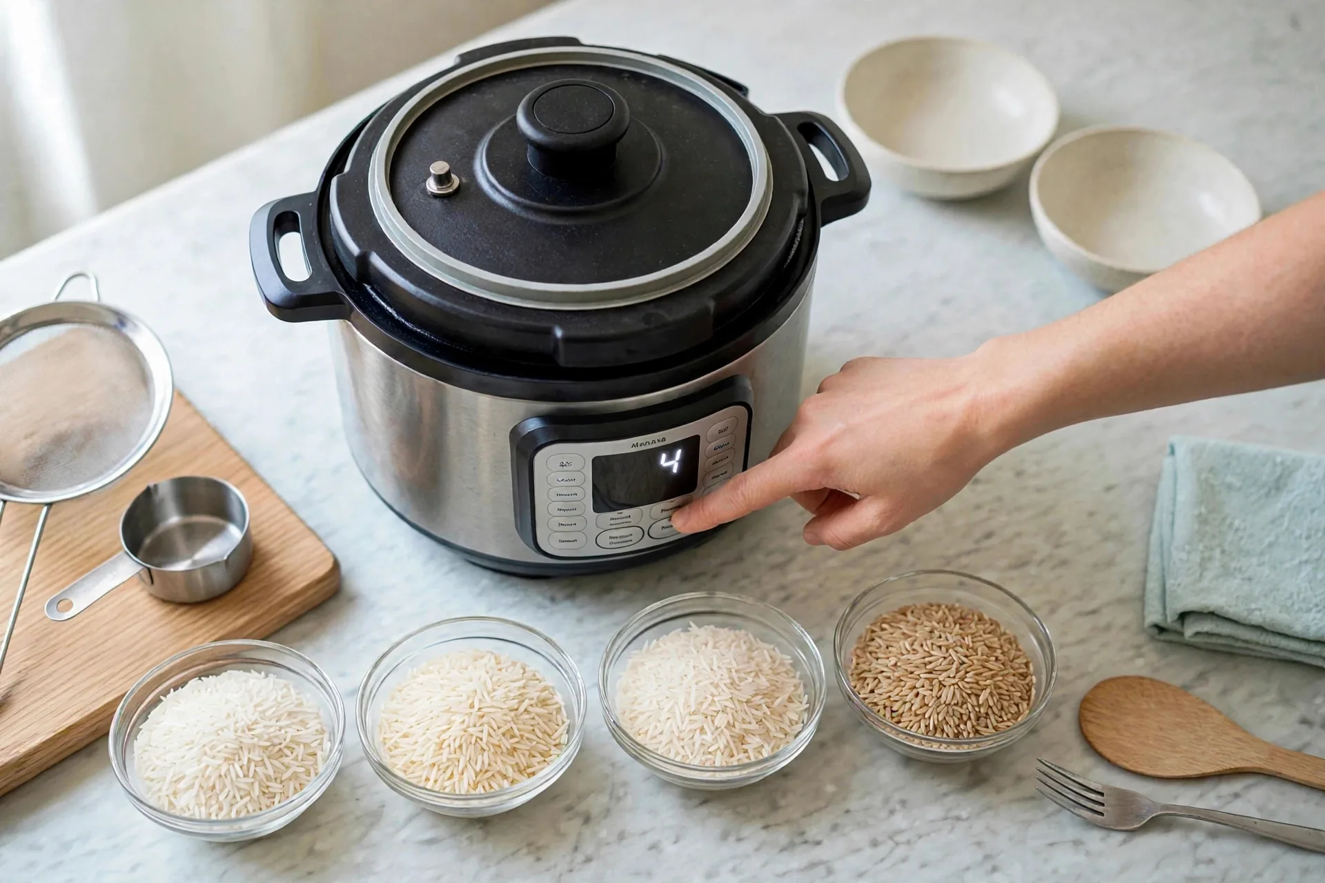 Instant Pot display showing 4 minutes at high pressure with lid locked