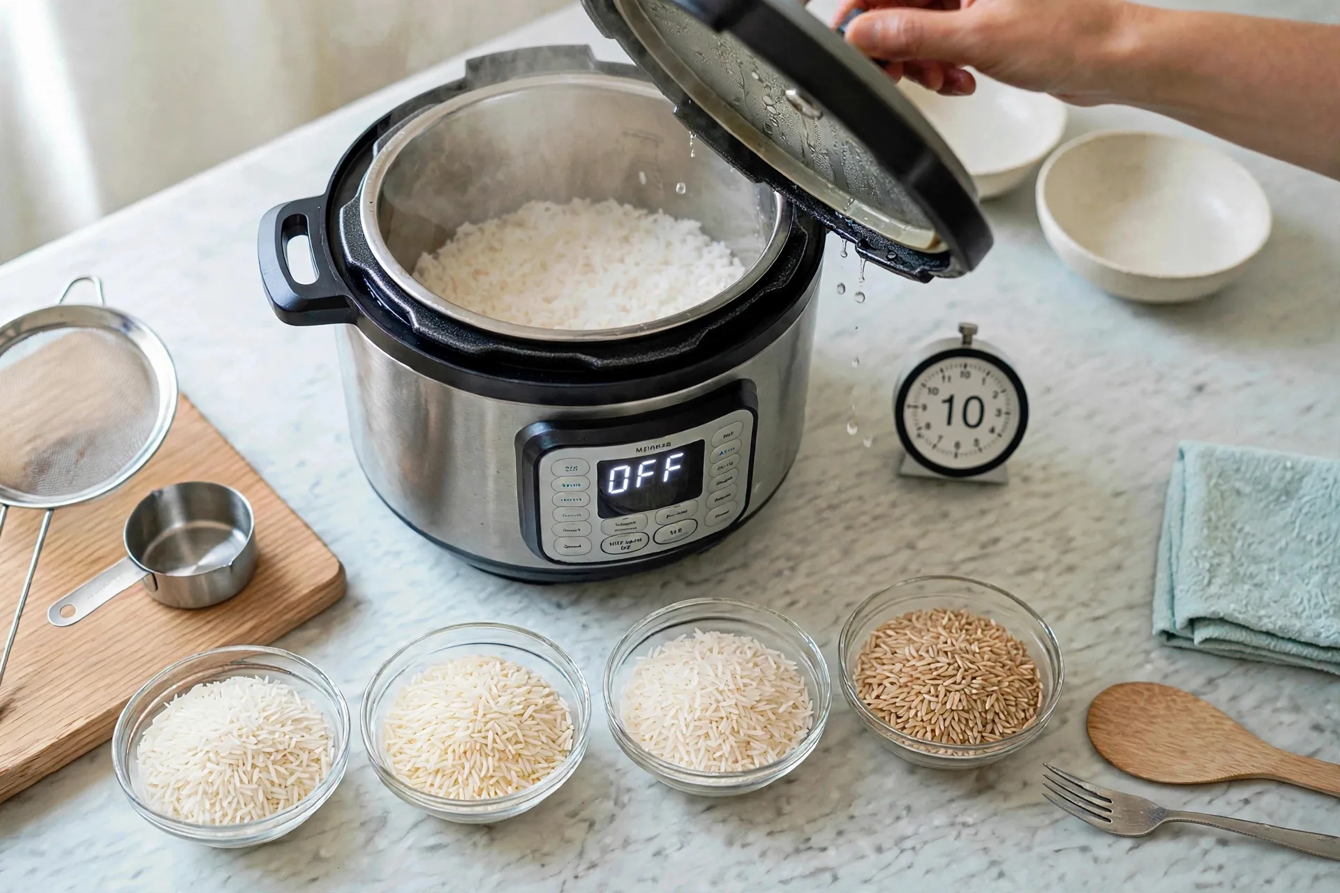Hand lifting Instant Pot lid away with steam rising
