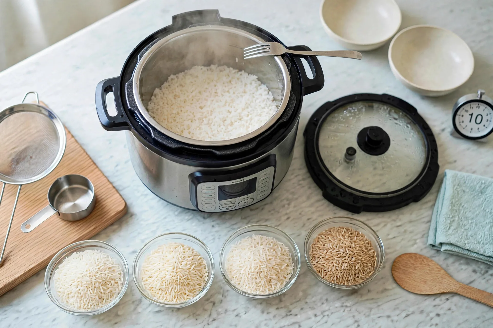 Cooked white rice surface with steam holes in inner pot