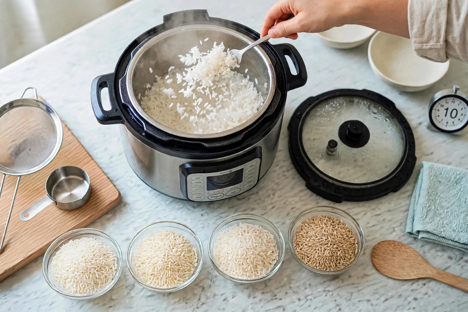 Fork fluffing white rice in pot with steam rising