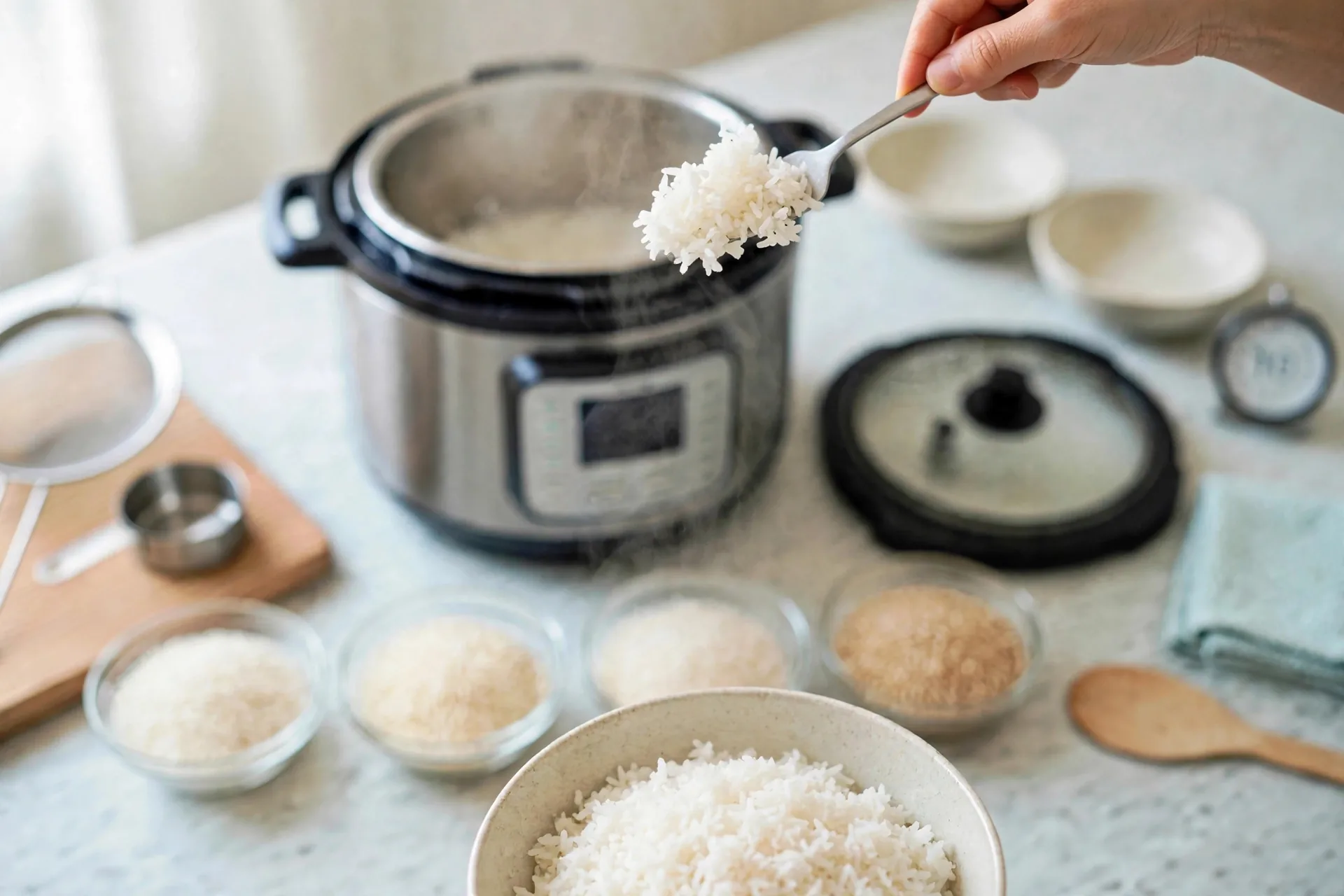 Bowl of fluffy white rice with fork and open pot behind