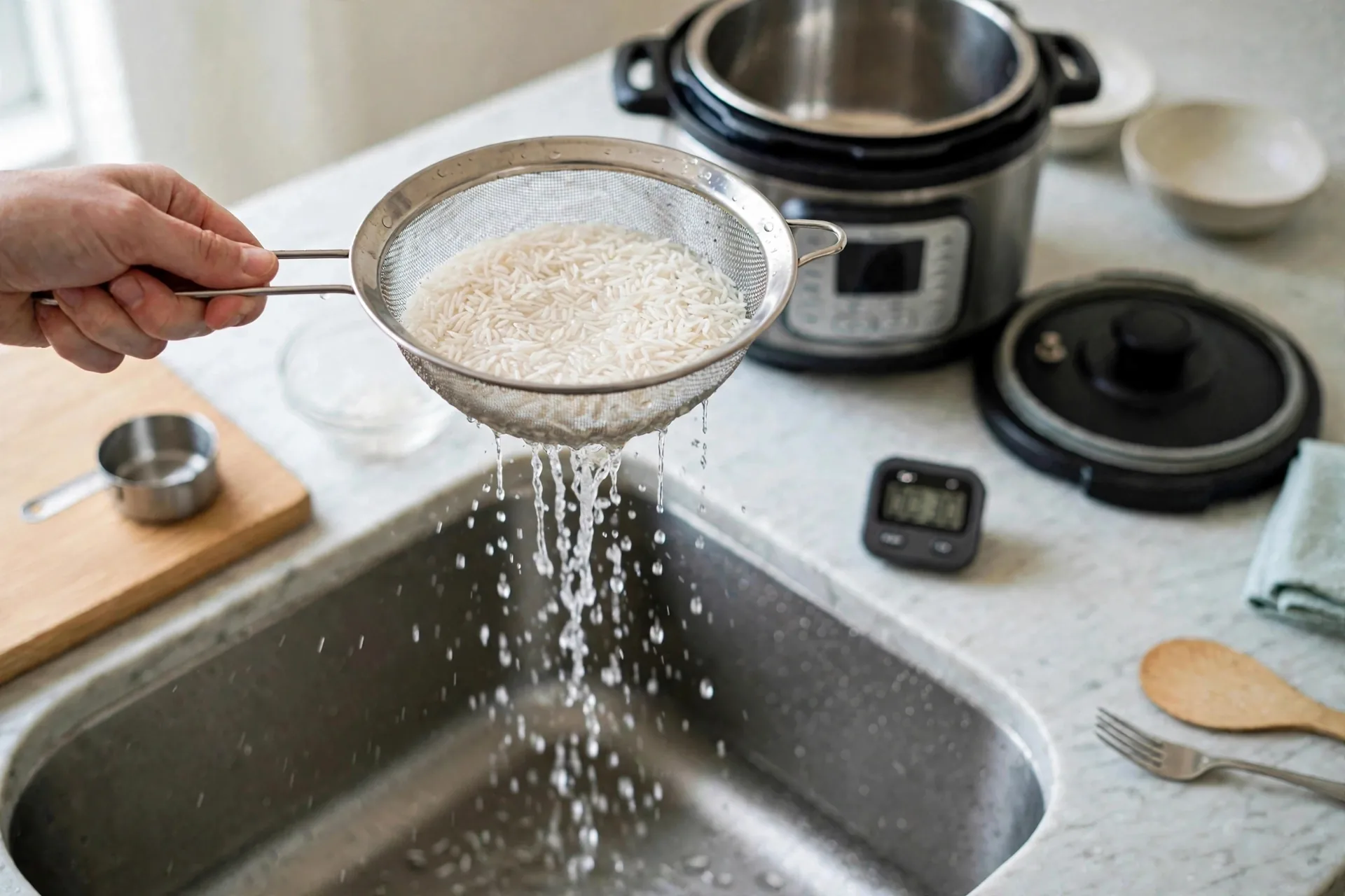 Soaked basmati draining in sieve over sink