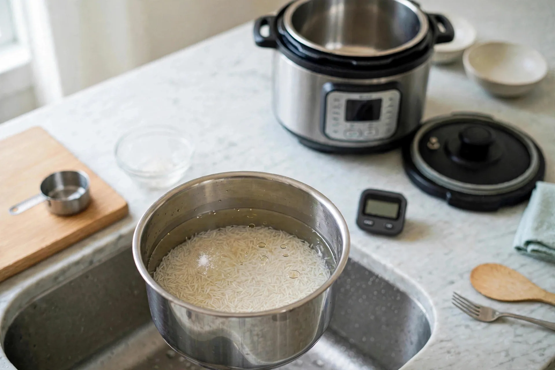 Drained basmati with water salt and oil in inner pot