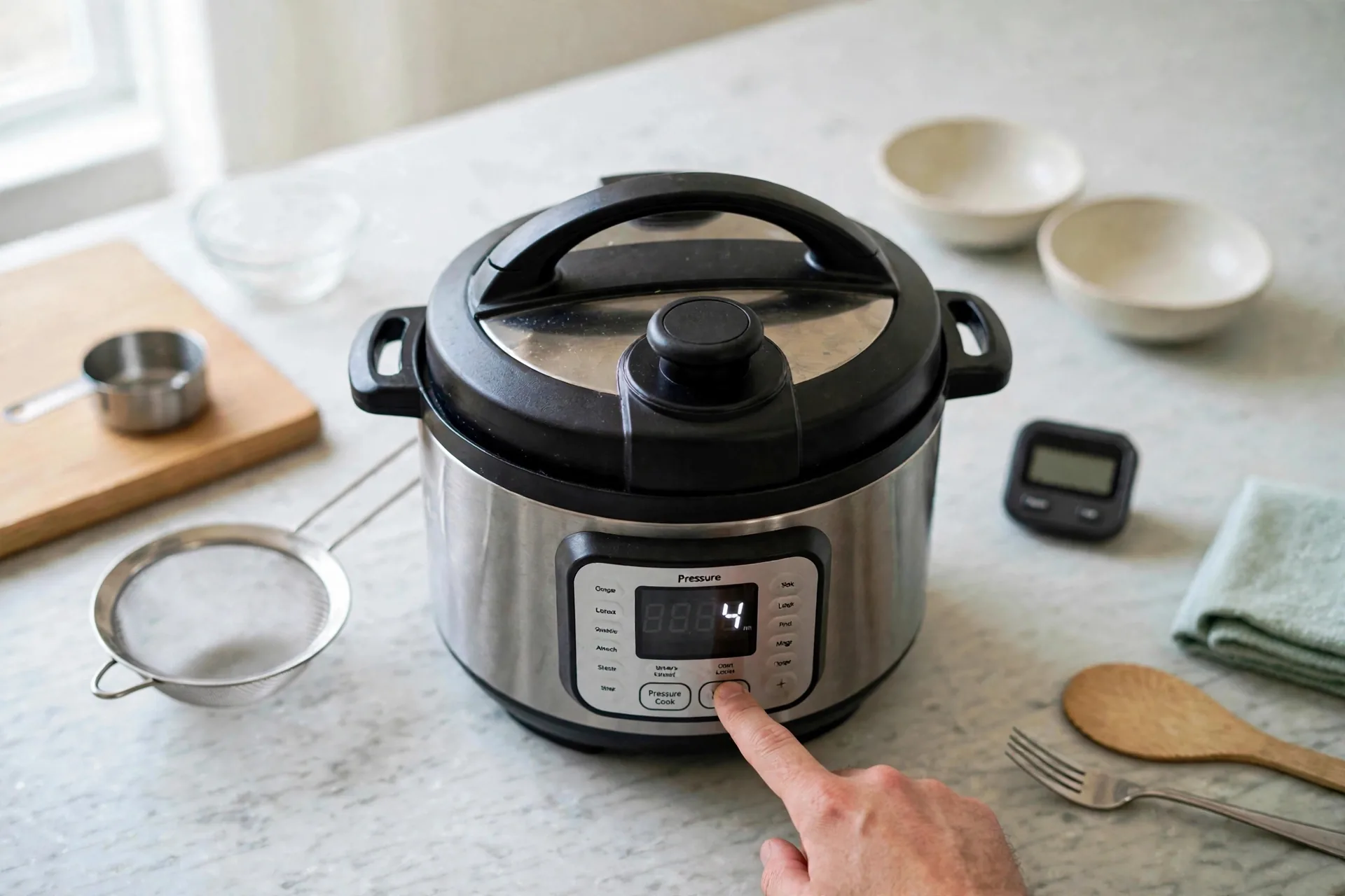 Instant Pot display showing 4 minutes for basmati with lid locked
