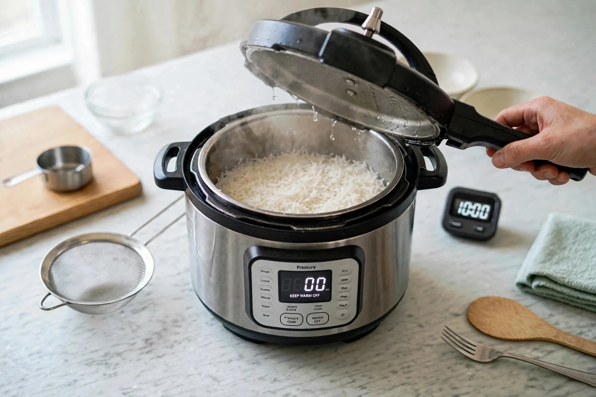 Hand lifting lid off basmati with steam rising
