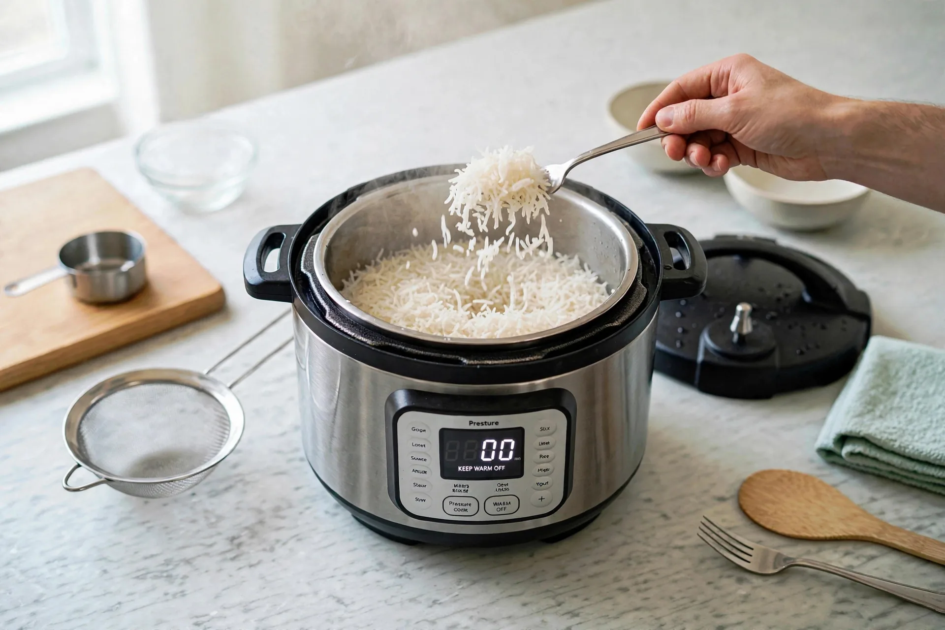 Fork fluffing long basmati grains in pot