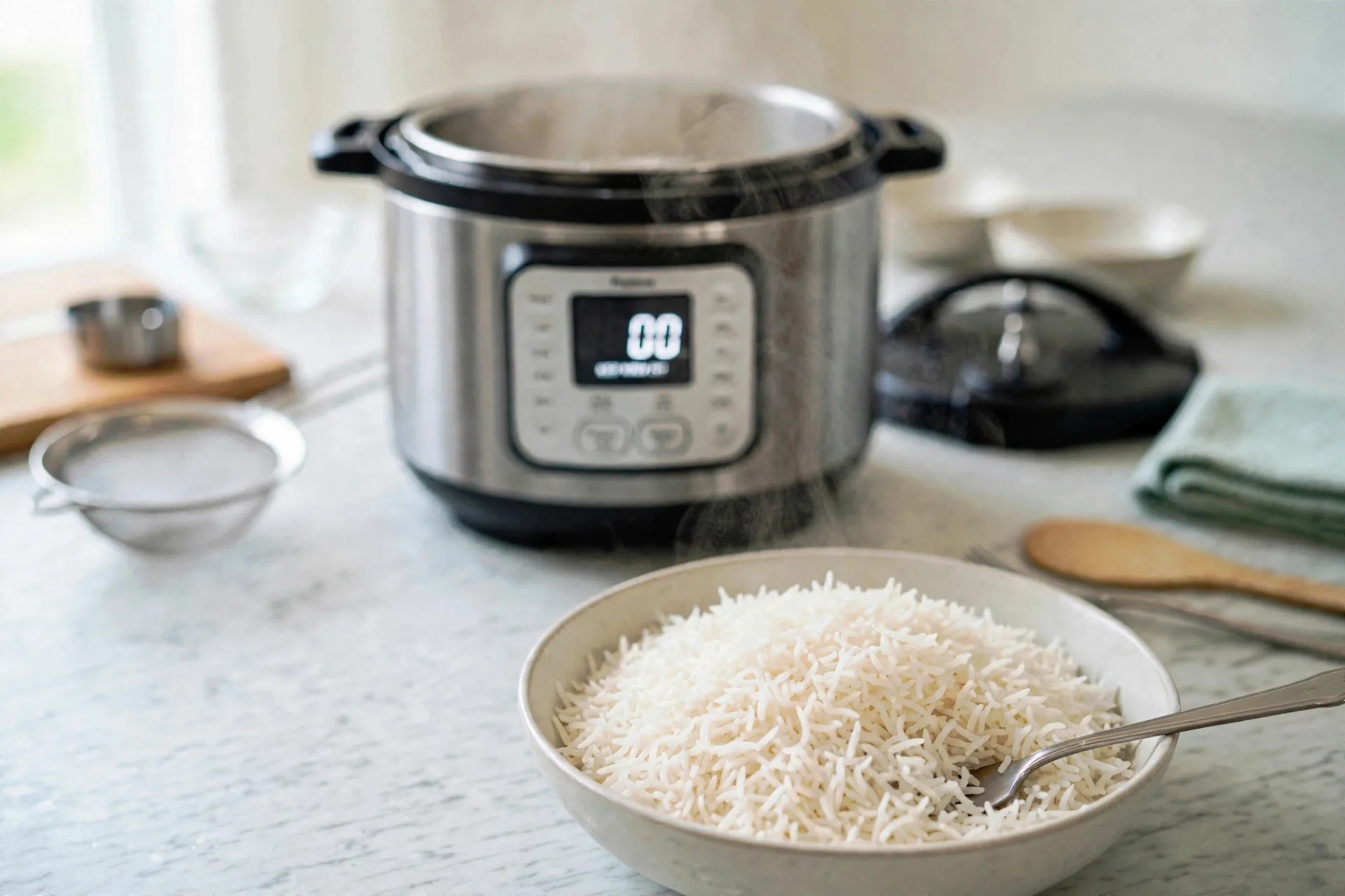 Bowl of fluffy basmati rice with long separate grains