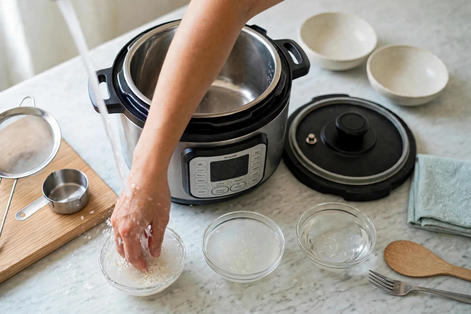 Jasmine rice rinsing by hand in bowl with cloudy water