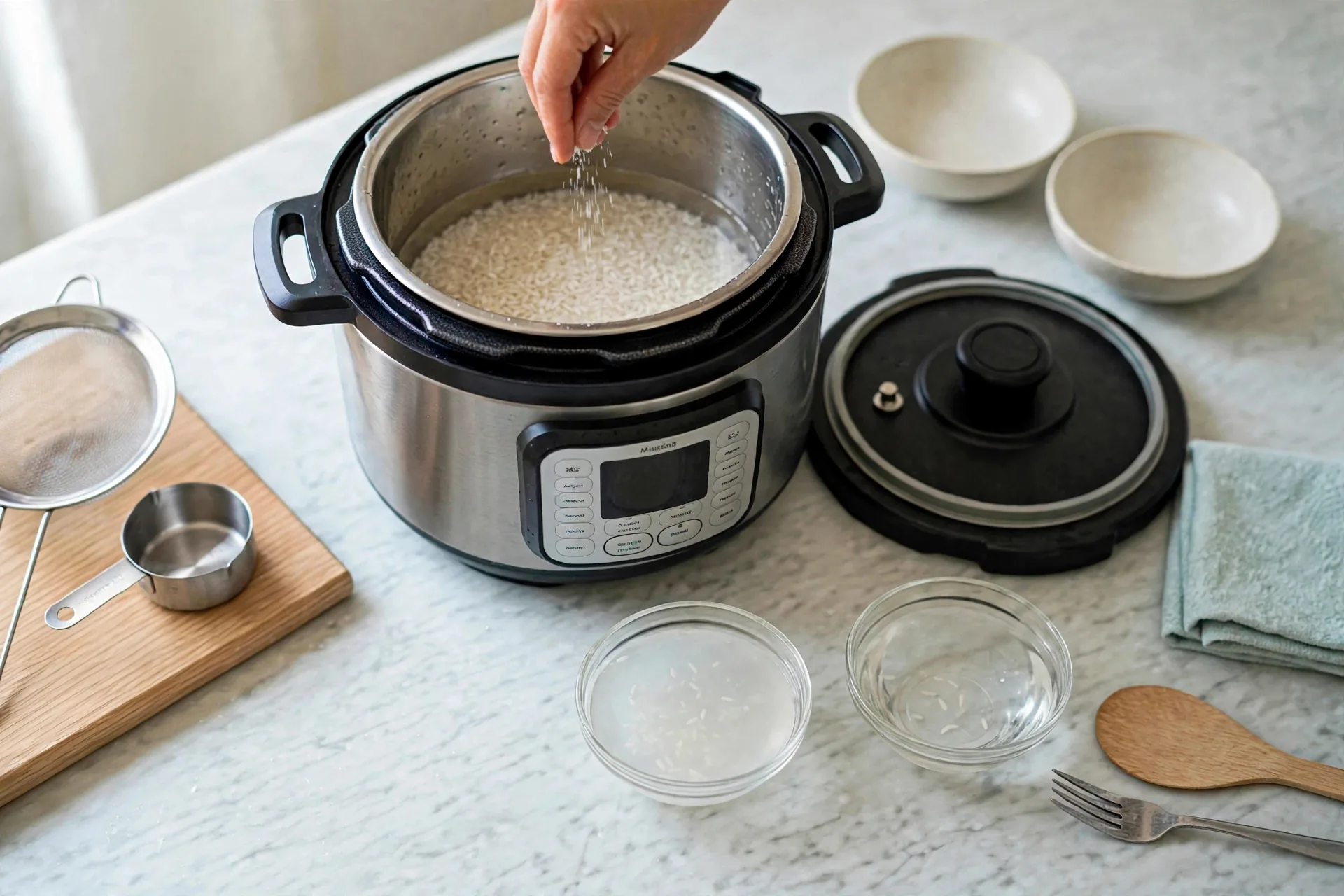 Rinsed jasmine rice with water and salt in inner pot