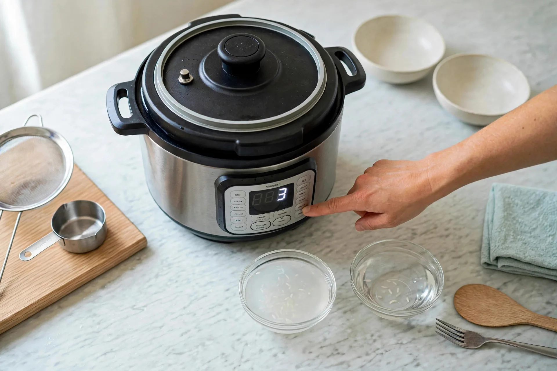 Instant Pot display showing 3 minutes for jasmine with lid locked