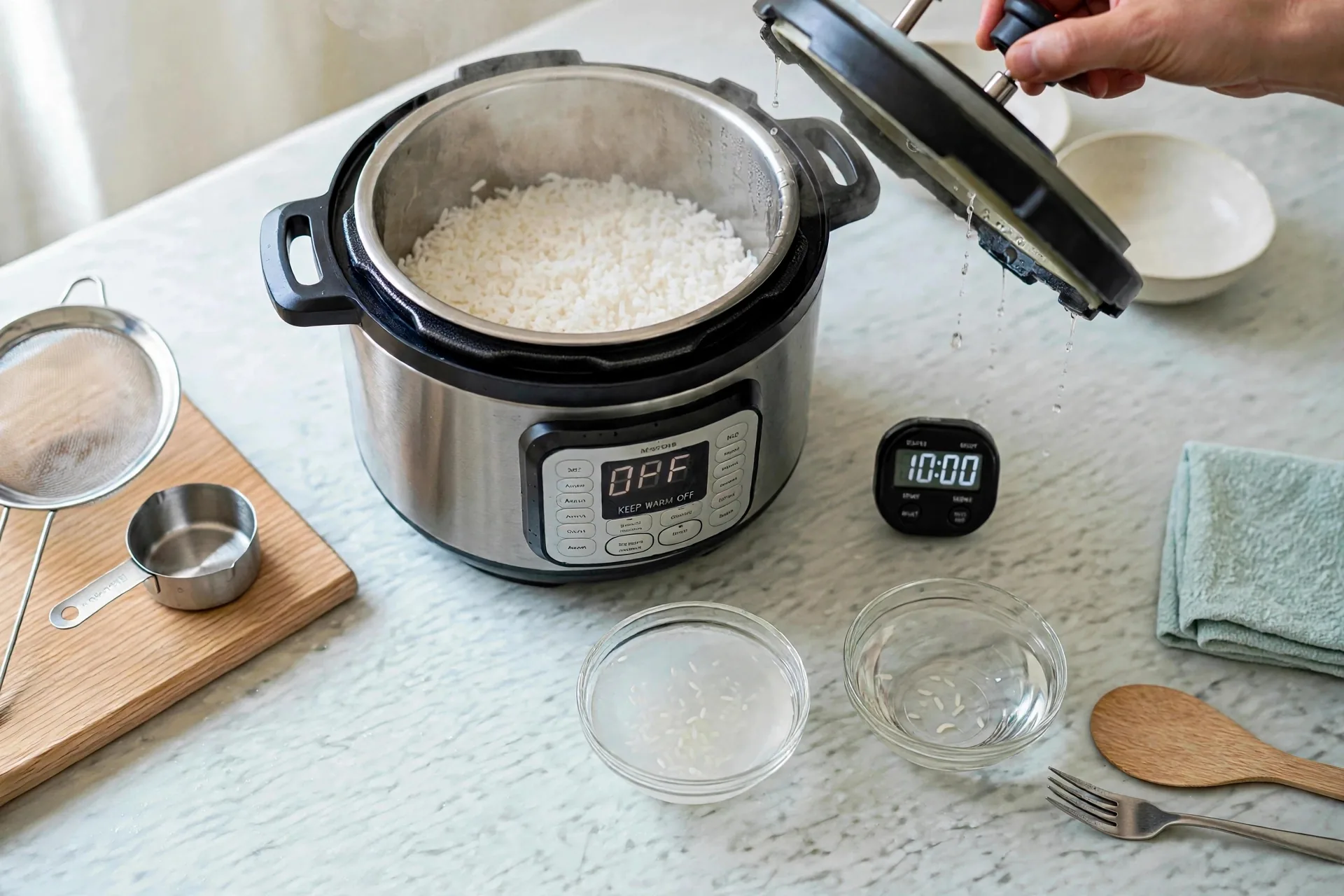 Hand lifting lid off jasmine rice with steam rising