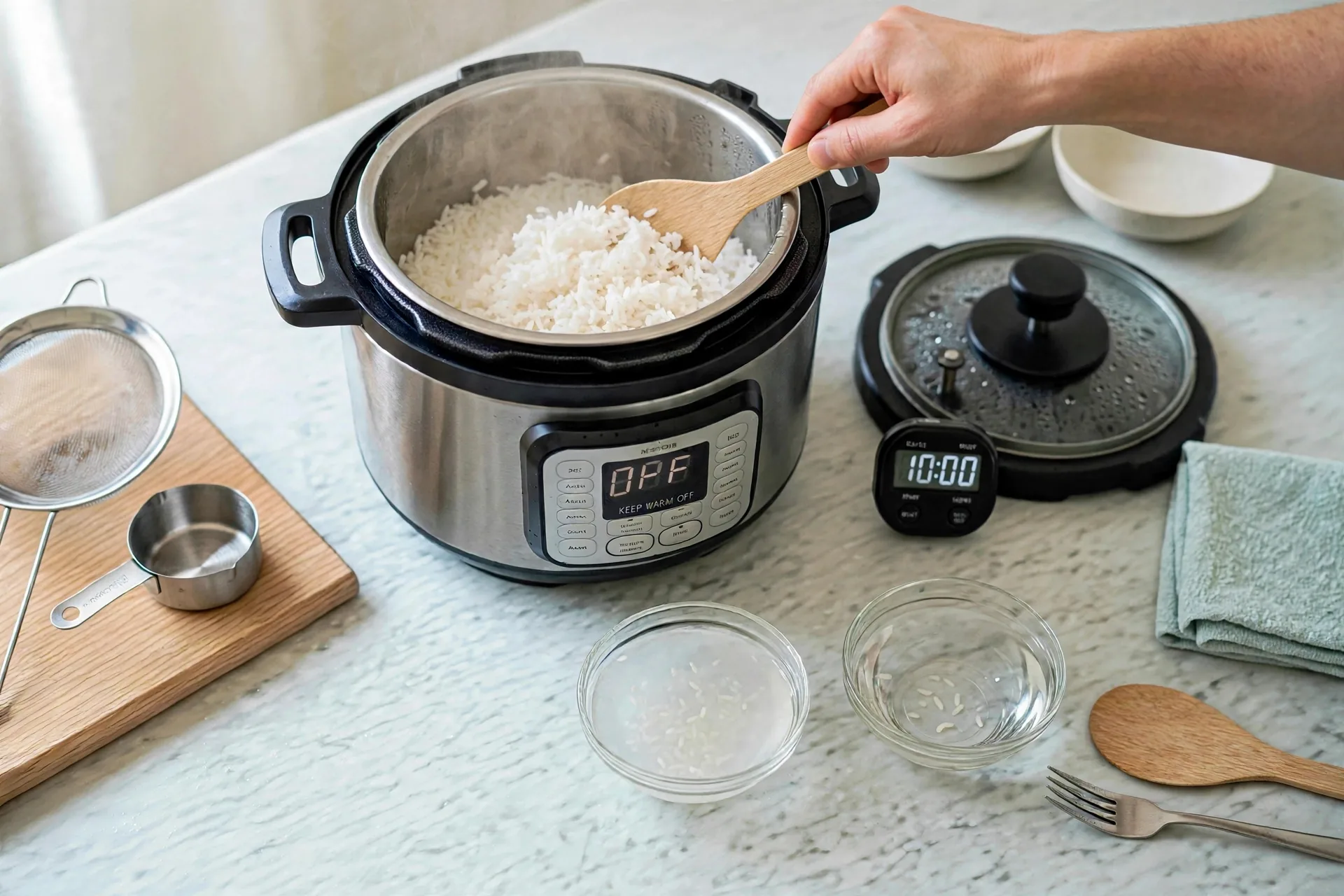 Wooden paddle folding fluffy jasmine rice in pot