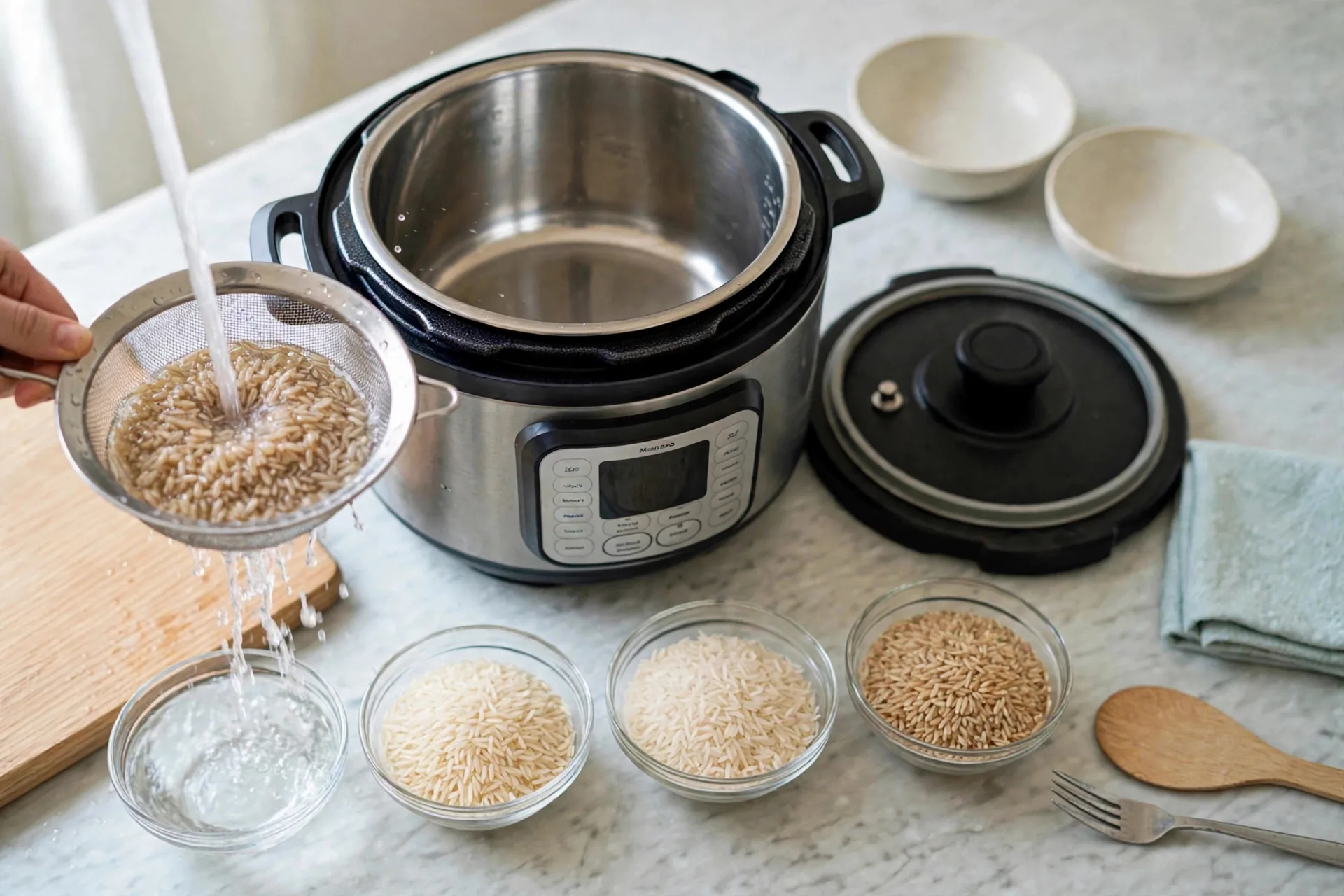 Brown rice getting quick rinse in sieve under running water