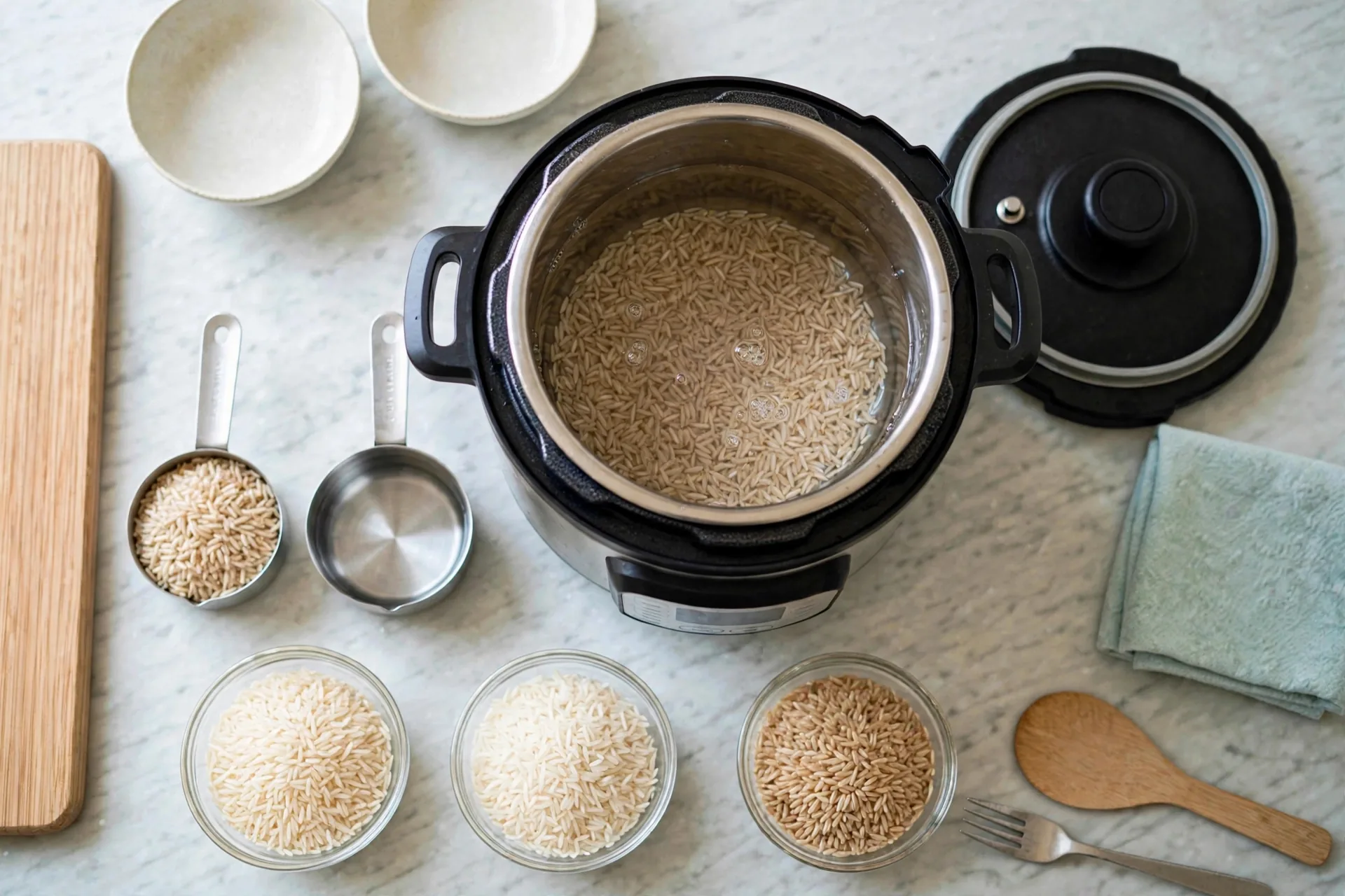 Brown rice in inner pot with more water than white rice recipes