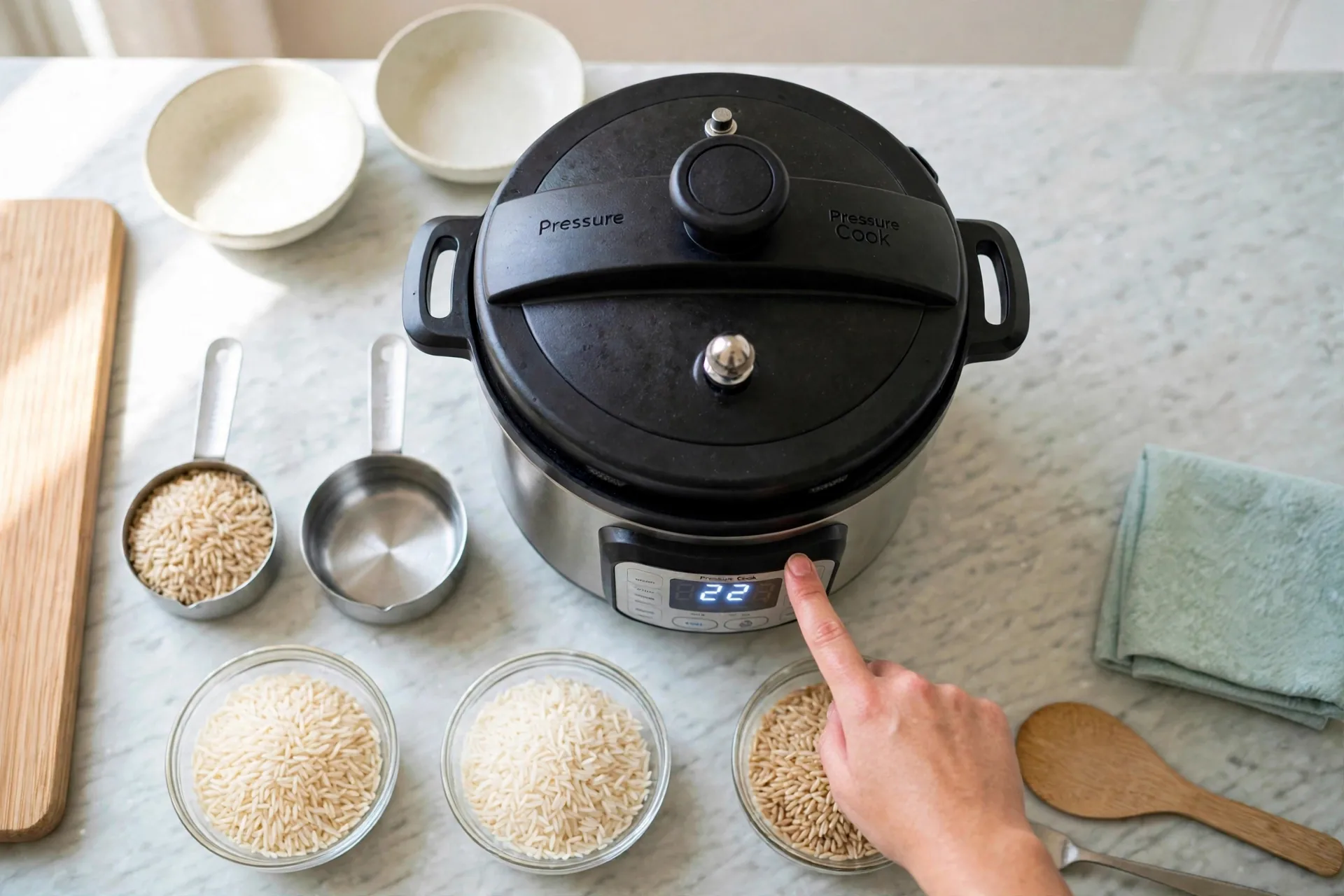 Instant Pot display showing 22 minutes for brown rice with lid locked