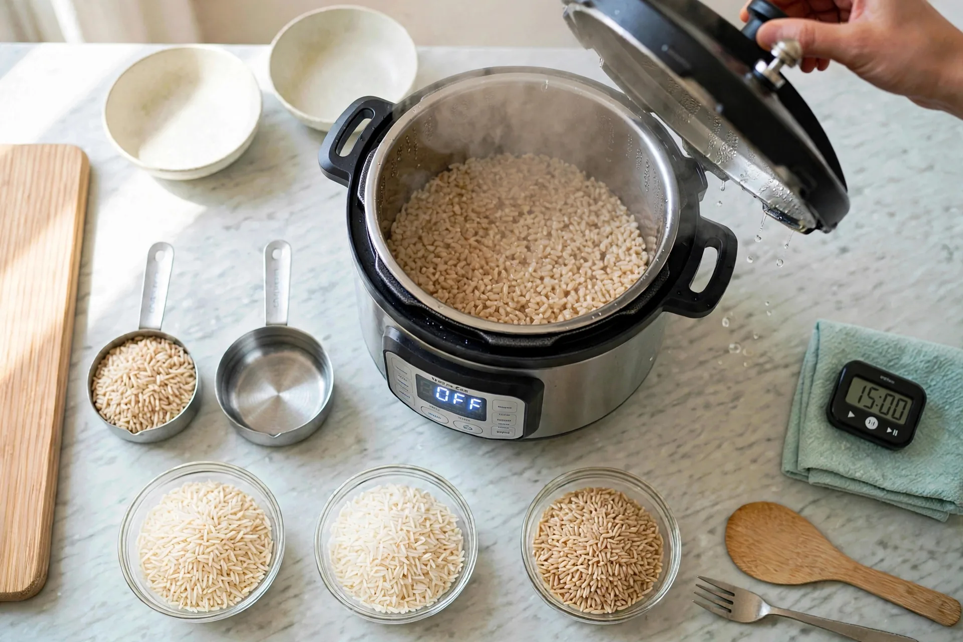 Hand lifting lid off brown rice with steam rising