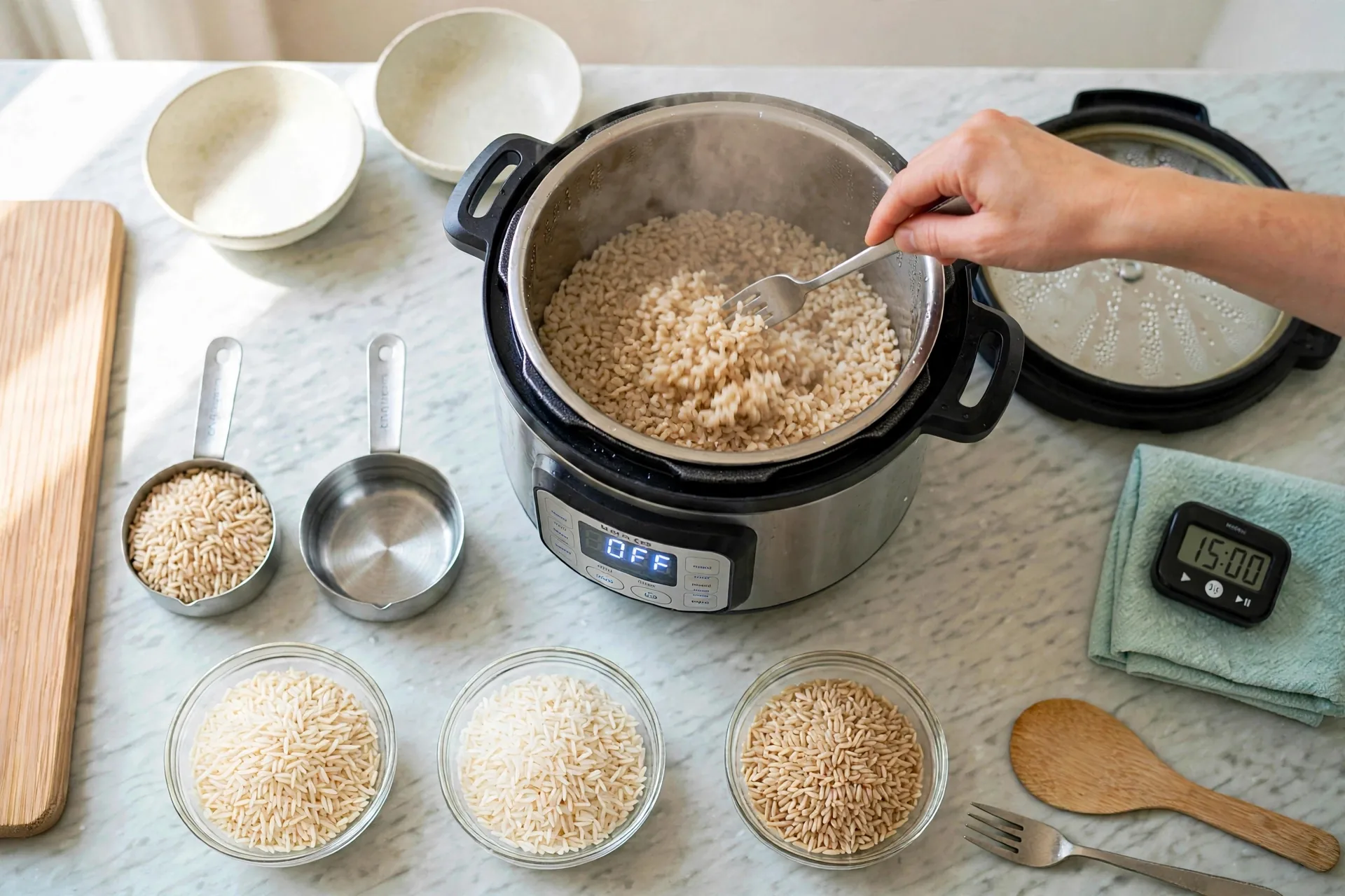 Fork fluffing tan brown rice grains in pot